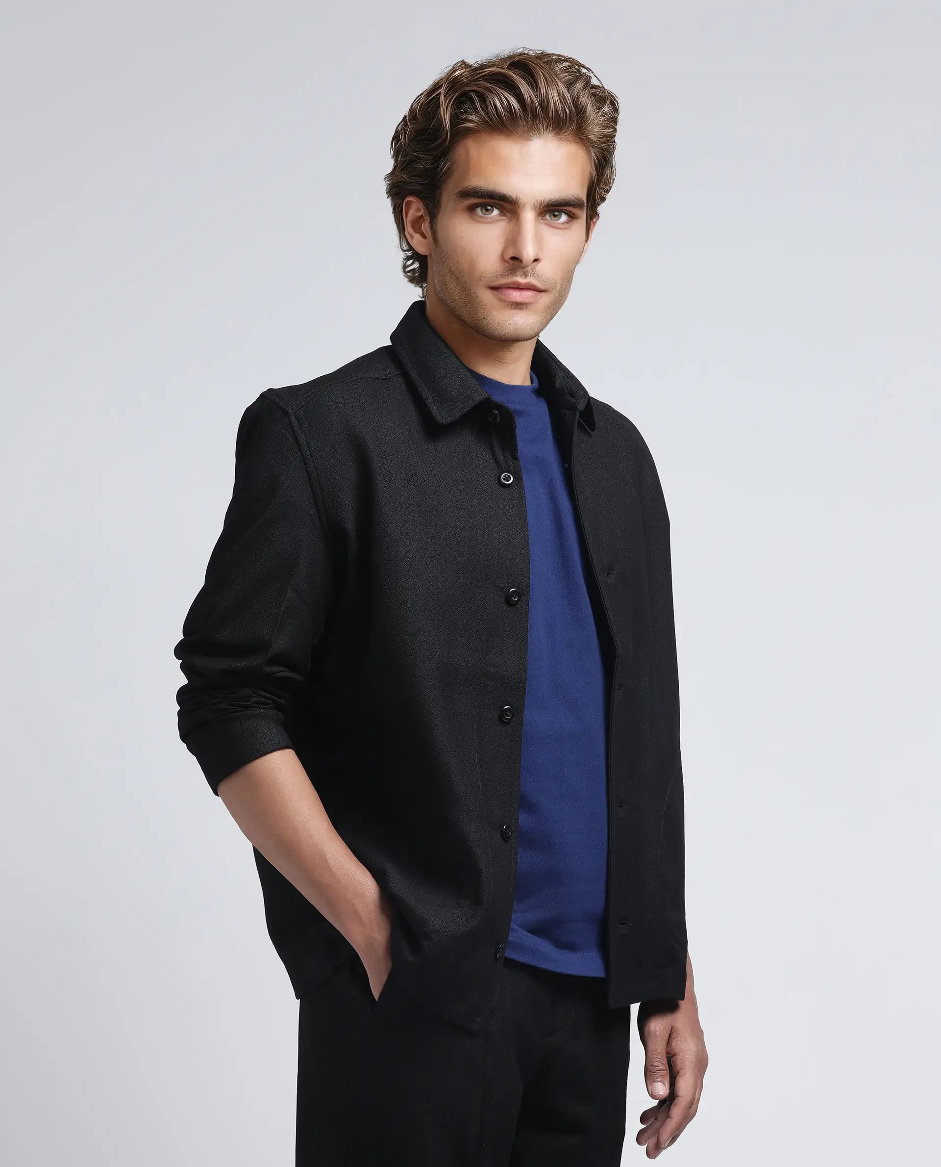 Rare Rabbit Men Aront Black Polyester Fabric Full Sleeve Collared Neck Button Closure Plain Jacket