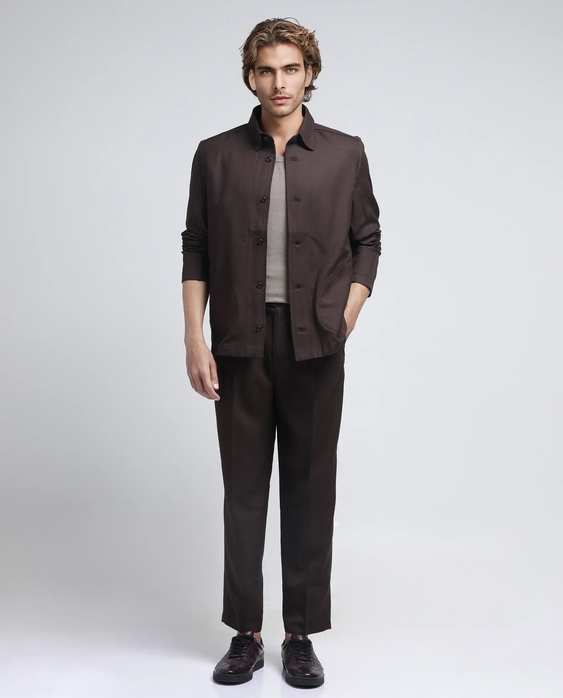 Rare Rabbit Men Aront Dark Brown Polyester Fabric Full Sleeve Collared Neck Button Closure Plain Jacket