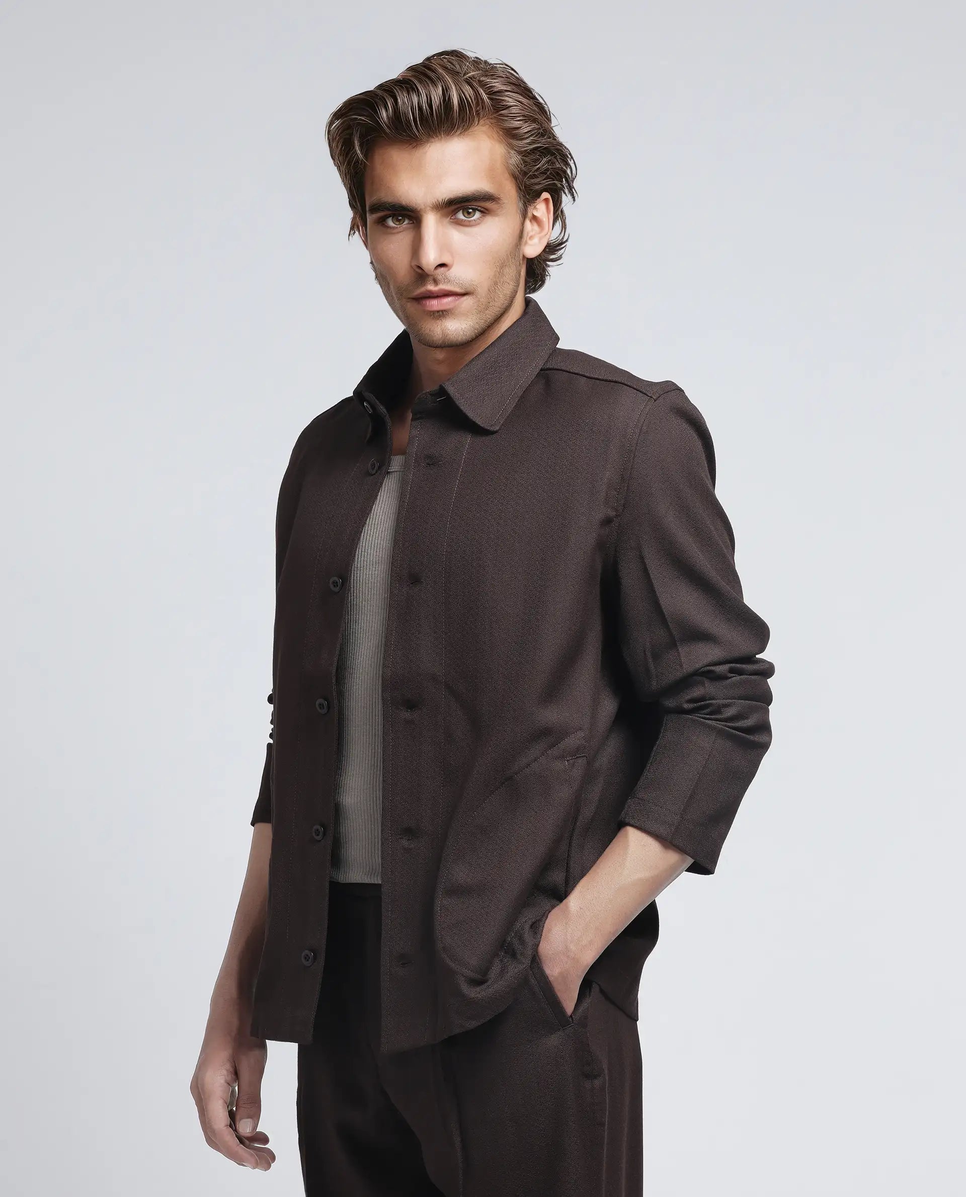 Rare Rabbit Men Aront Dark Brown Polyester Fabric Full Sleeve Collared Neck Button Closure Plain Jacket