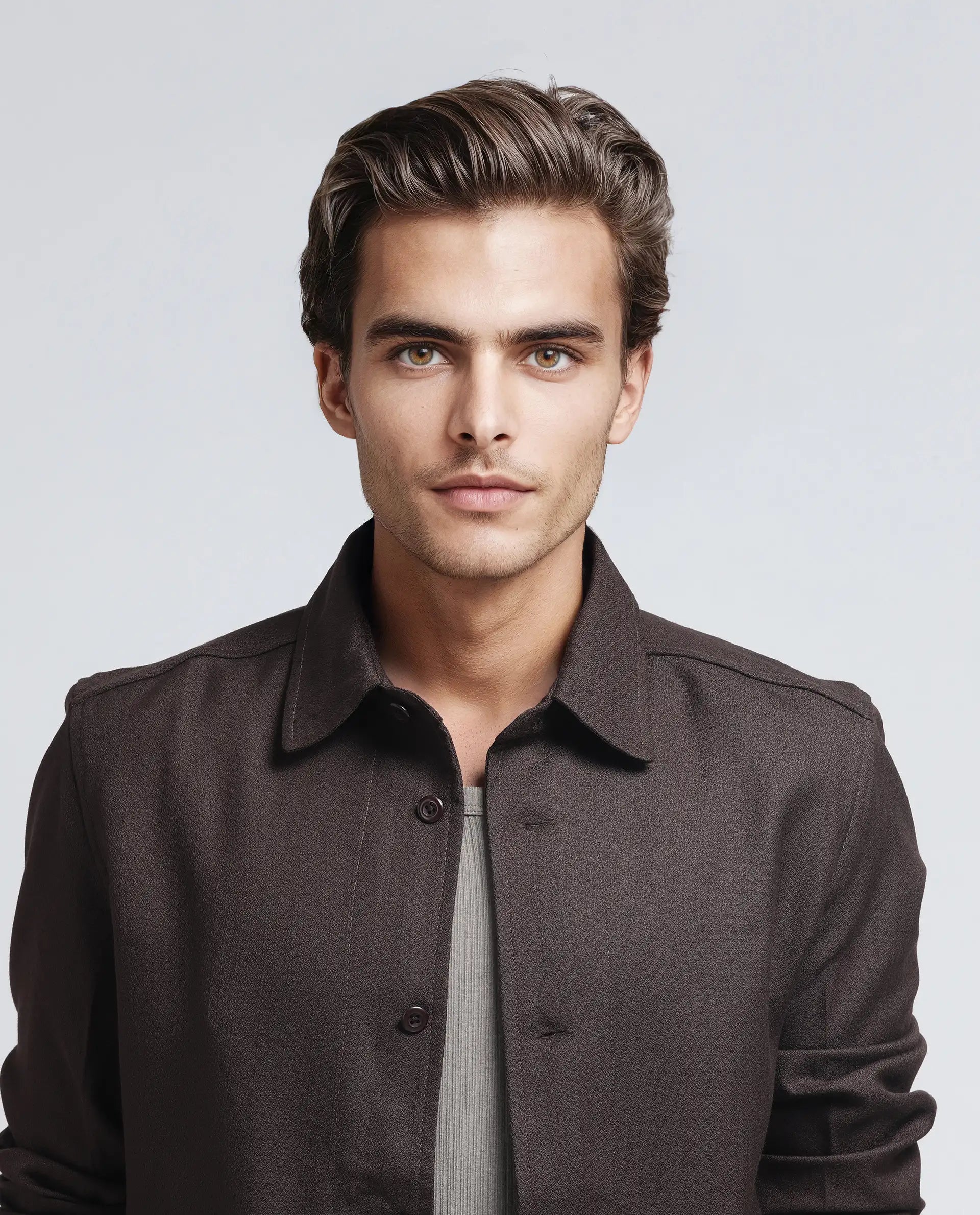 Rare Rabbit Men Aront Dark Brown Polyester Fabric Full Sleeve Collared Neck Button Closure Plain Jacket