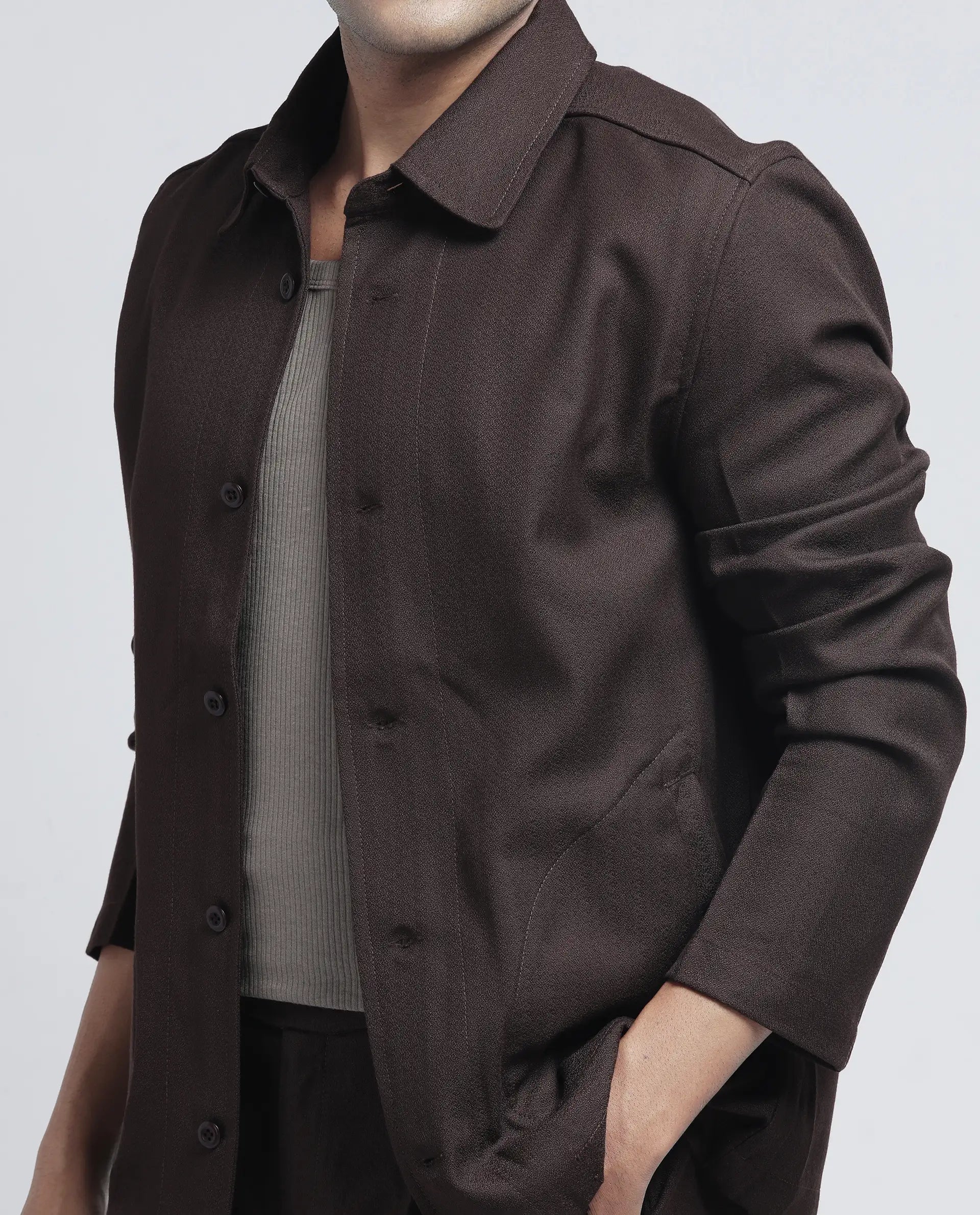 Rare Rabbit Men Aront Dark Brown Polyester Fabric Full Sleeve Collared Neck Button Closure Plain Jacket