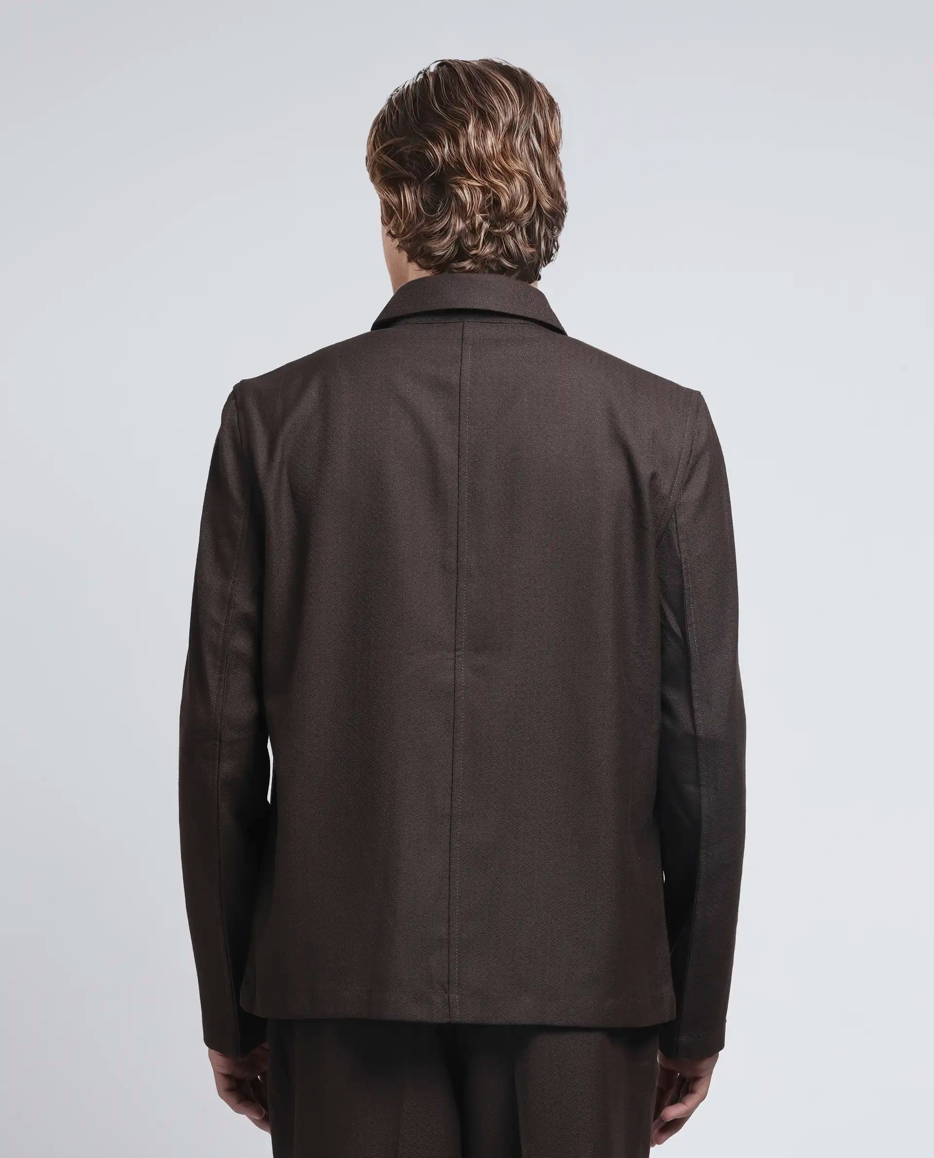 Rare Rabbit Men Aront Dark Brown Polyester Fabric Full Sleeve Collared Neck Button Closure Plain Jacket