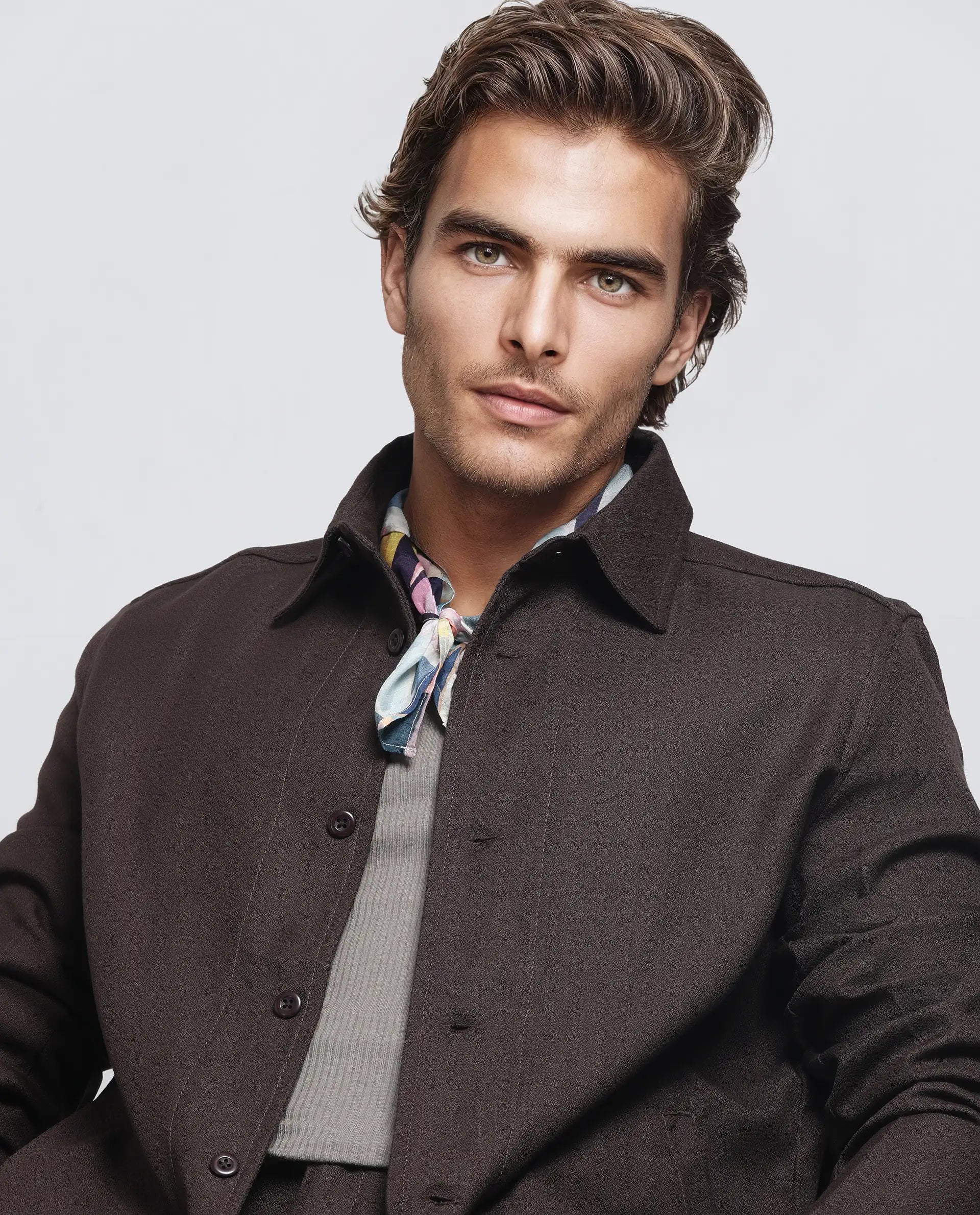 Rare Rabbit Men Aront Dark Brown Polyester Fabric Full Sleeve Collared Neck Button Closure Plain Jacket