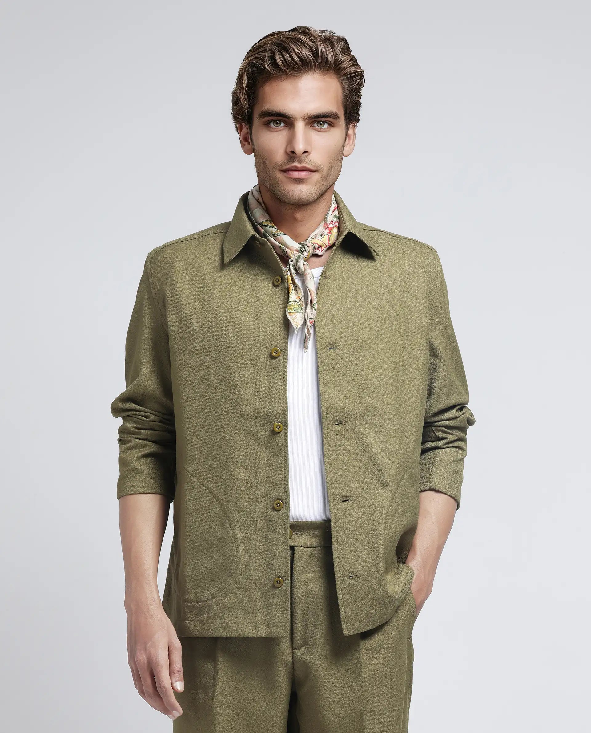 Rare Rabbit Men Aront Olive Polyester Fabric Full Sleeve Collared Neck Button Closure Plain Jacket