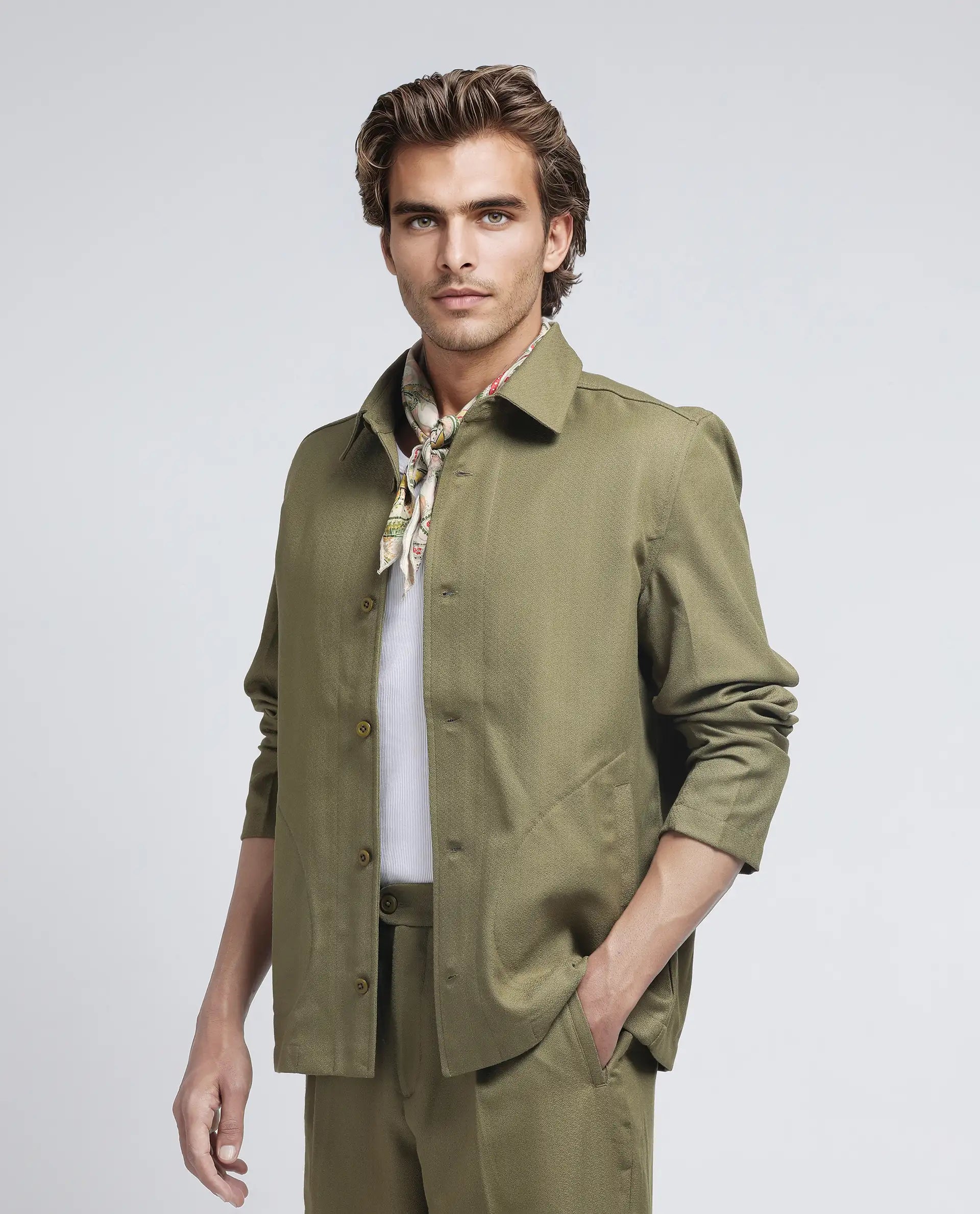 Rare Rabbit Men Aront Olive Polyester Fabric Full Sleeve Collared Neck Button Closure Plain Jacket
