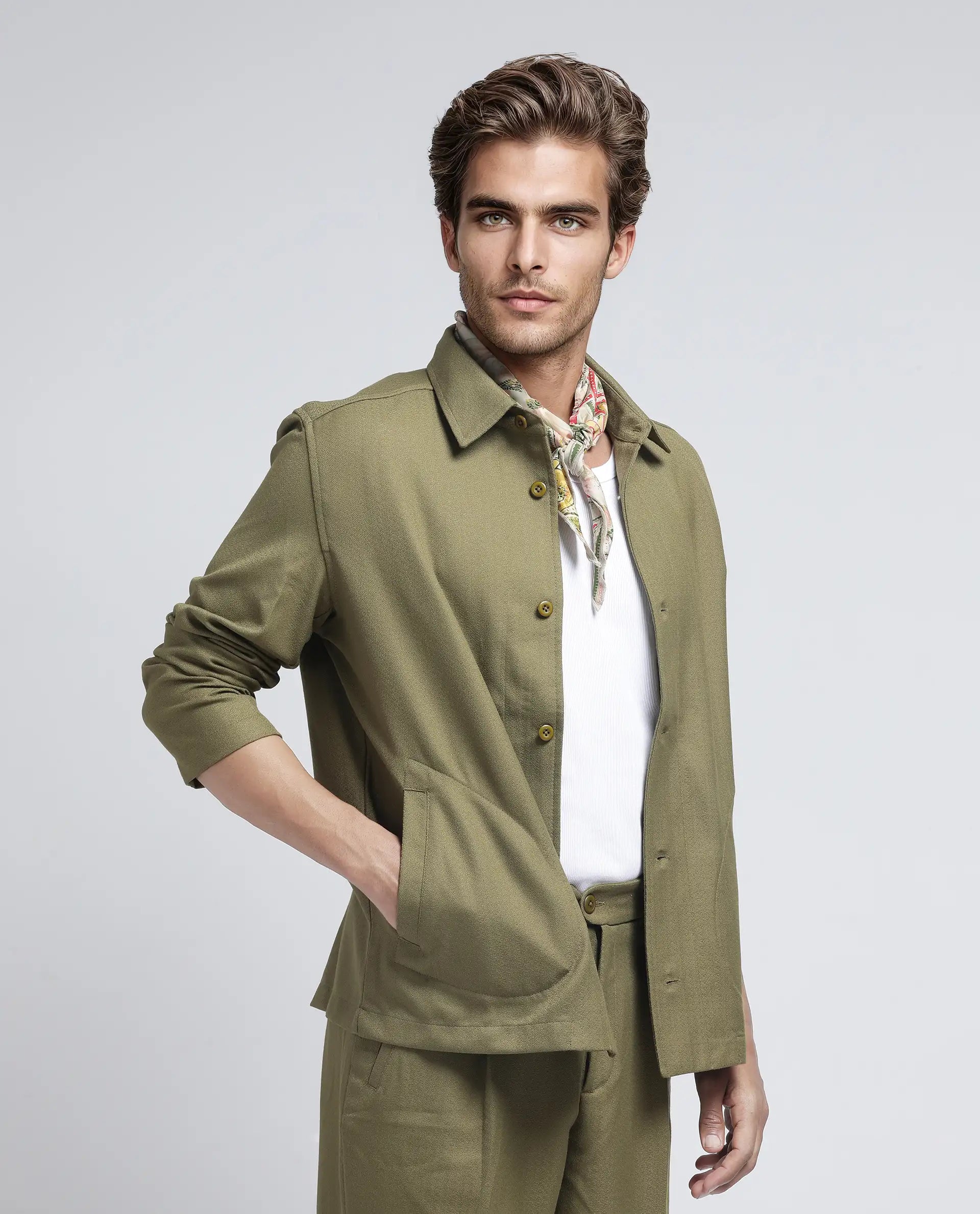 Rare Rabbit Men Aront Olive Polyester Fabric Full Sleeve Collared Neck Button Closure Plain Jacket