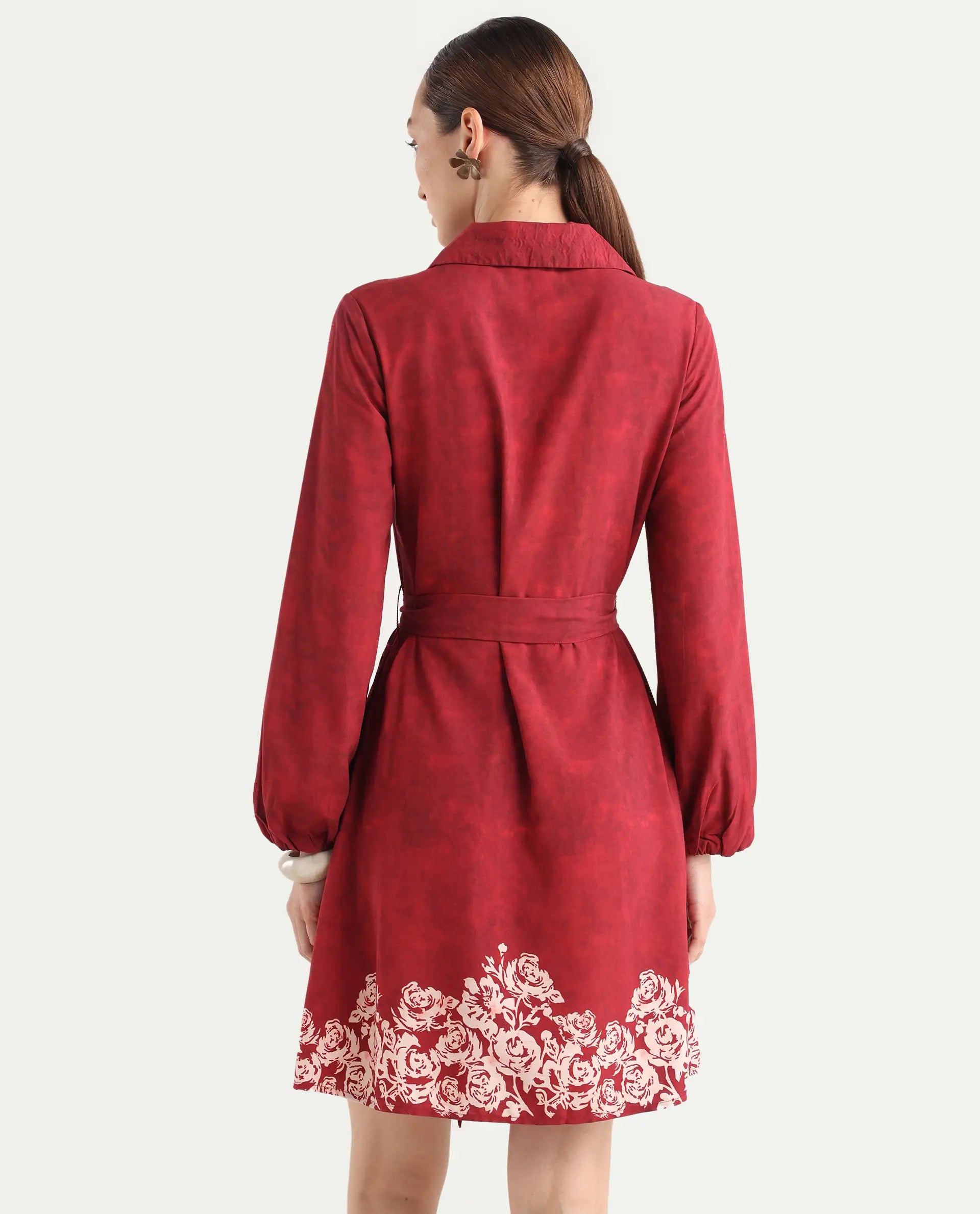 Rareism Women's Arot Dark Red Viscose Spread Collar A-Line Floral Print Dress