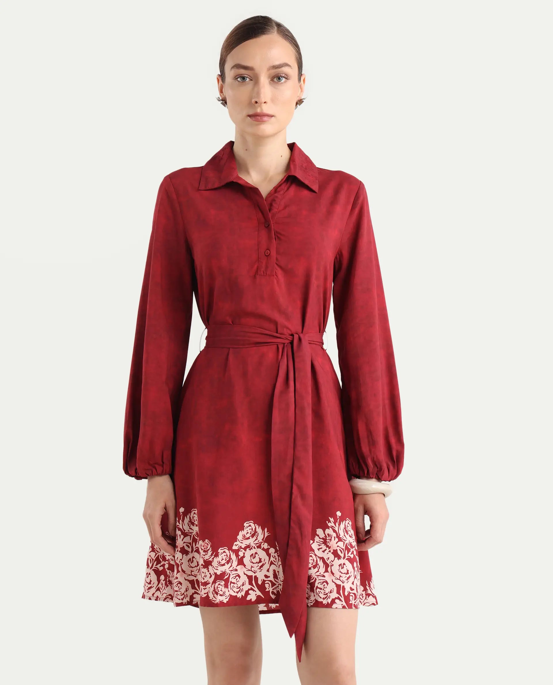 Rareism Women's Arot Dark Red Viscose Spread Collar A-Line Floral Print Dress