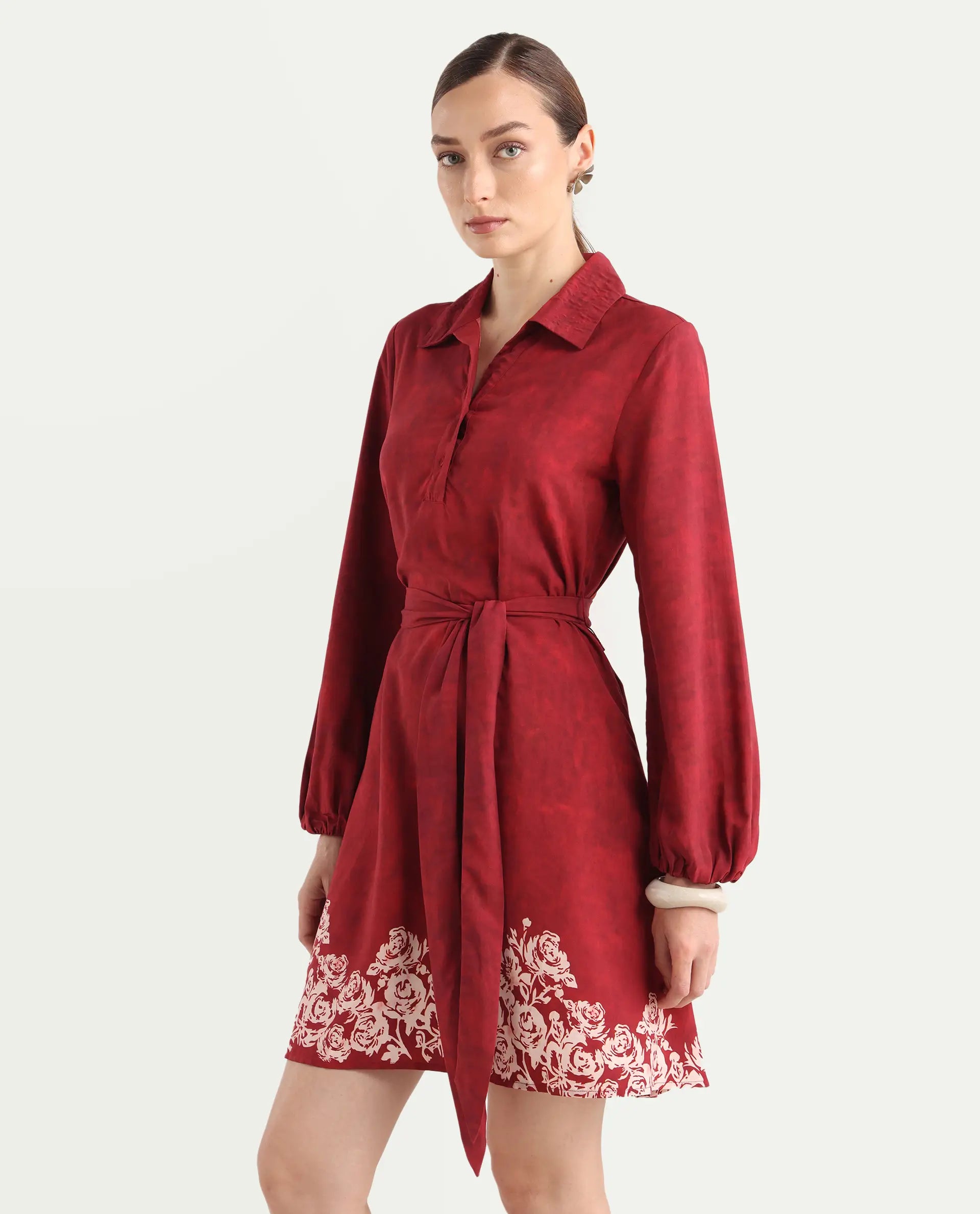 Rareism Women's Arot Dark Red Viscose Spread Collar A-Line Floral Print Dress