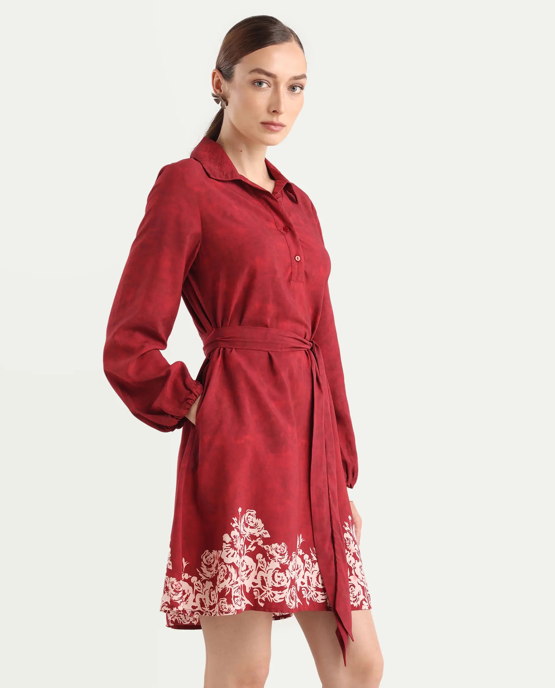 Rareism Women's Arot Dark Red Viscose Spread Collar A-Line Floral Print Dress