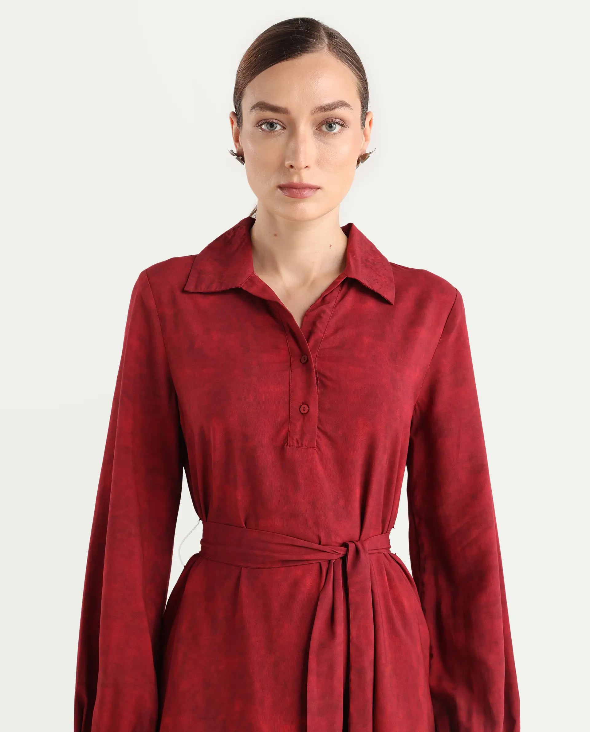 Rareism Women's Arot Dark Red Viscose Spread Collar A-Line Floral Print Dress