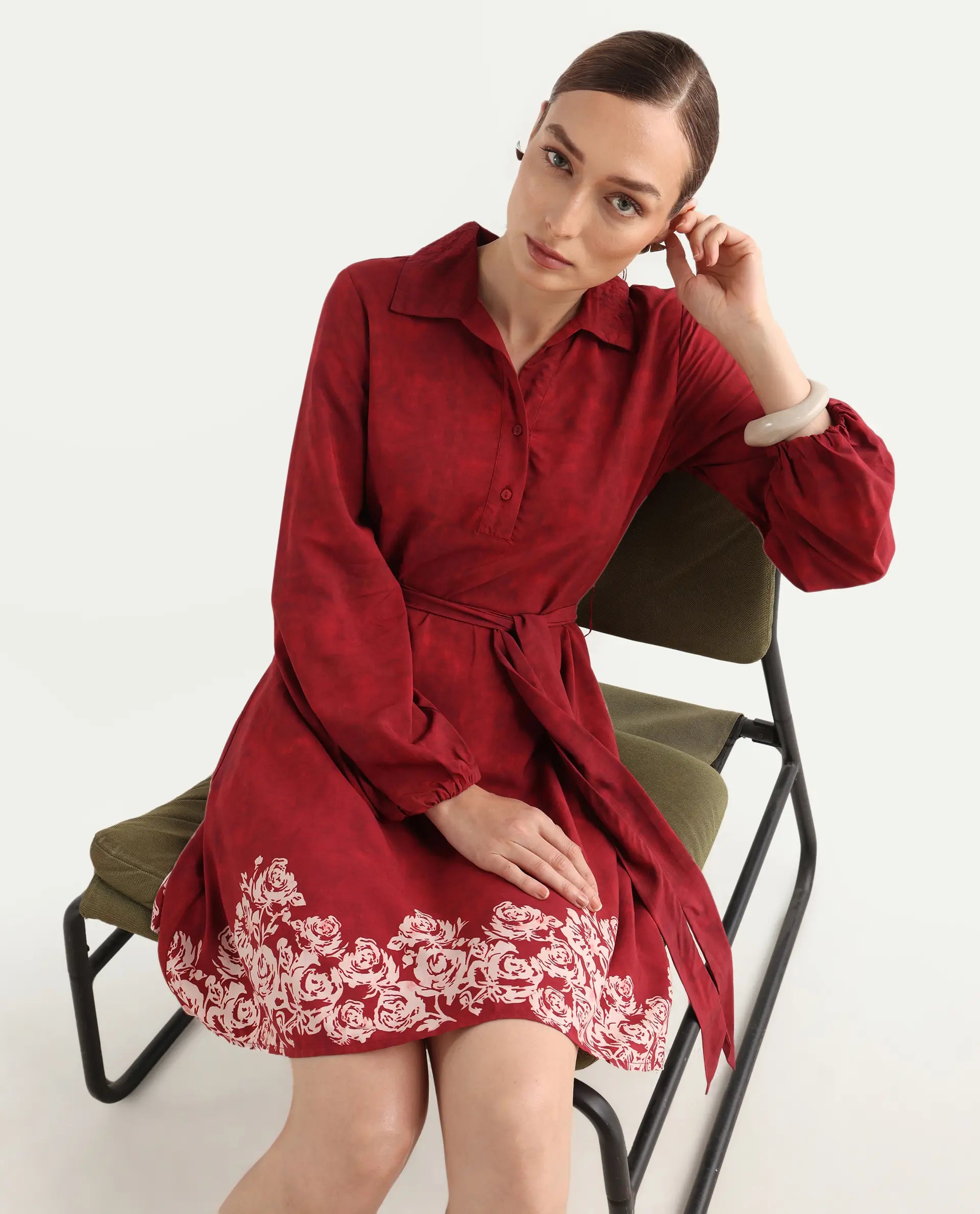 Rareism Women's Arot Dark Red Viscose Spread Collar A-Line Floral Print Dress