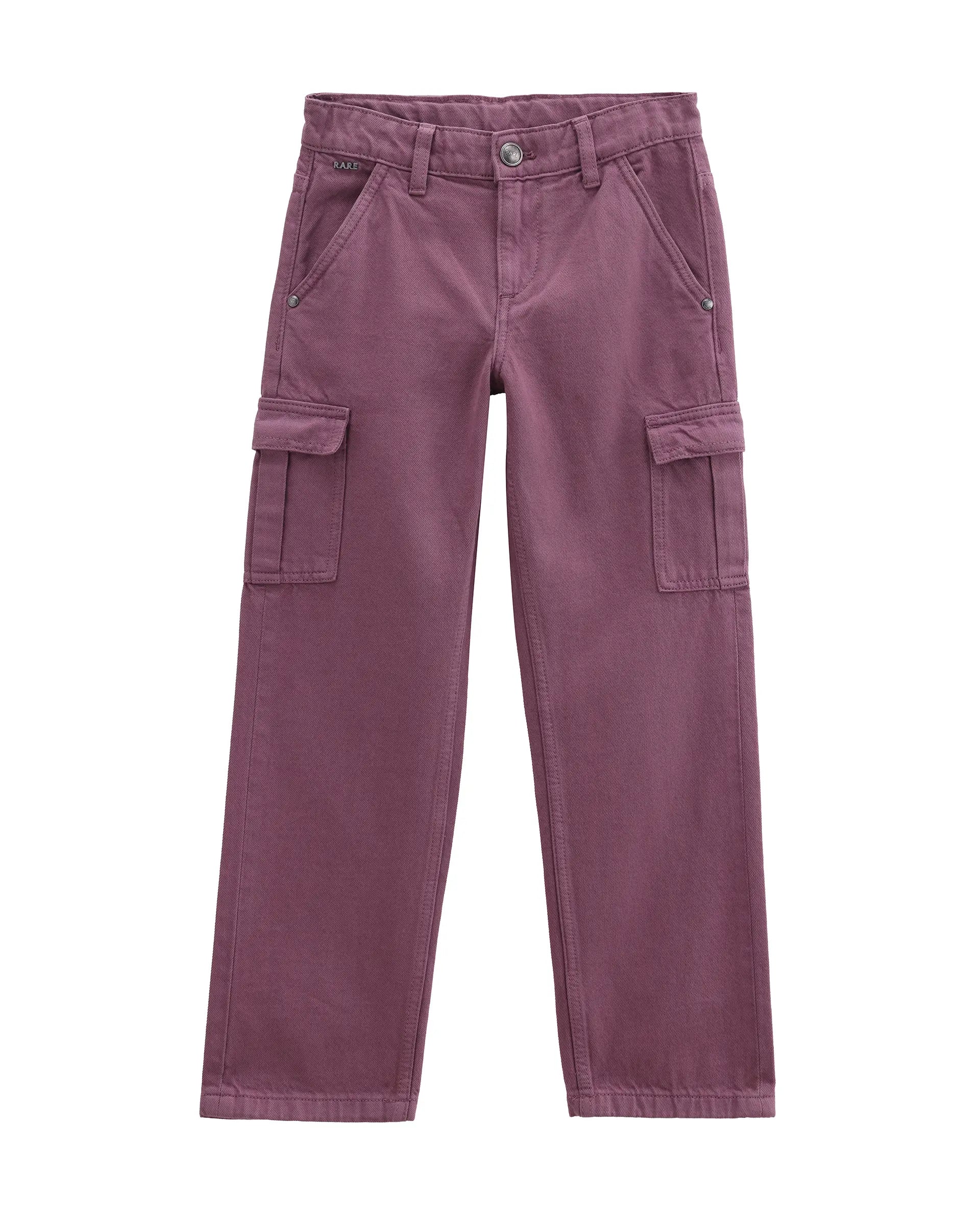 Rare Ones Kids Arrot-2 Dusky Purple Cotton Fabric Zipper Closure Cargo Fit Jeans