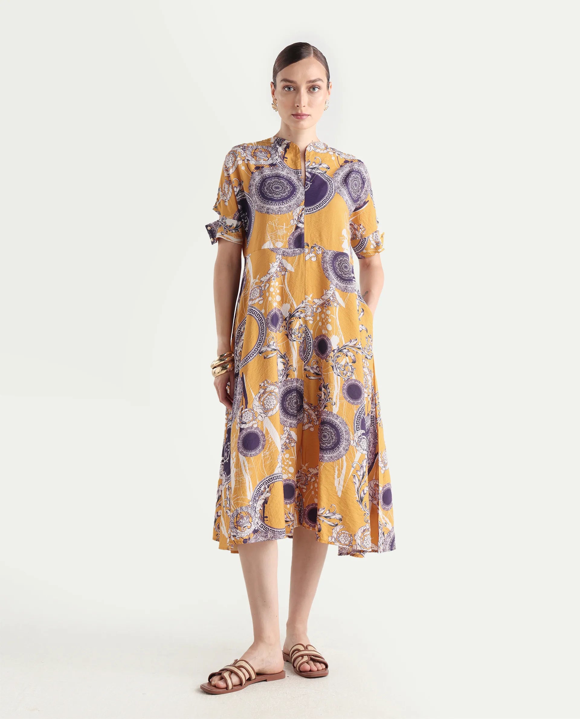 Rareism Women's Artash Yellow Nylon Blend Drop Collar Bandana Print Cutout Sleeve Midi A-Line Dress