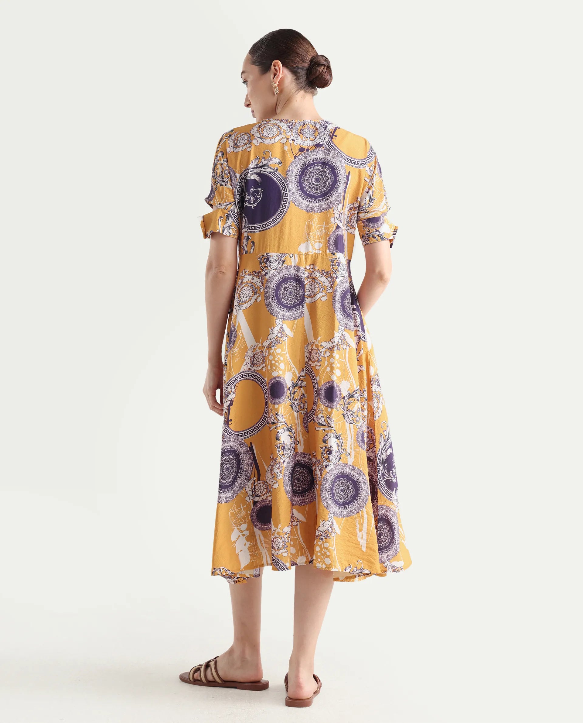 Rareism Women's Artash Yellow Nylon Blend Drop Collar Bandana Print Cutout Sleeve Midi A-Line Dress