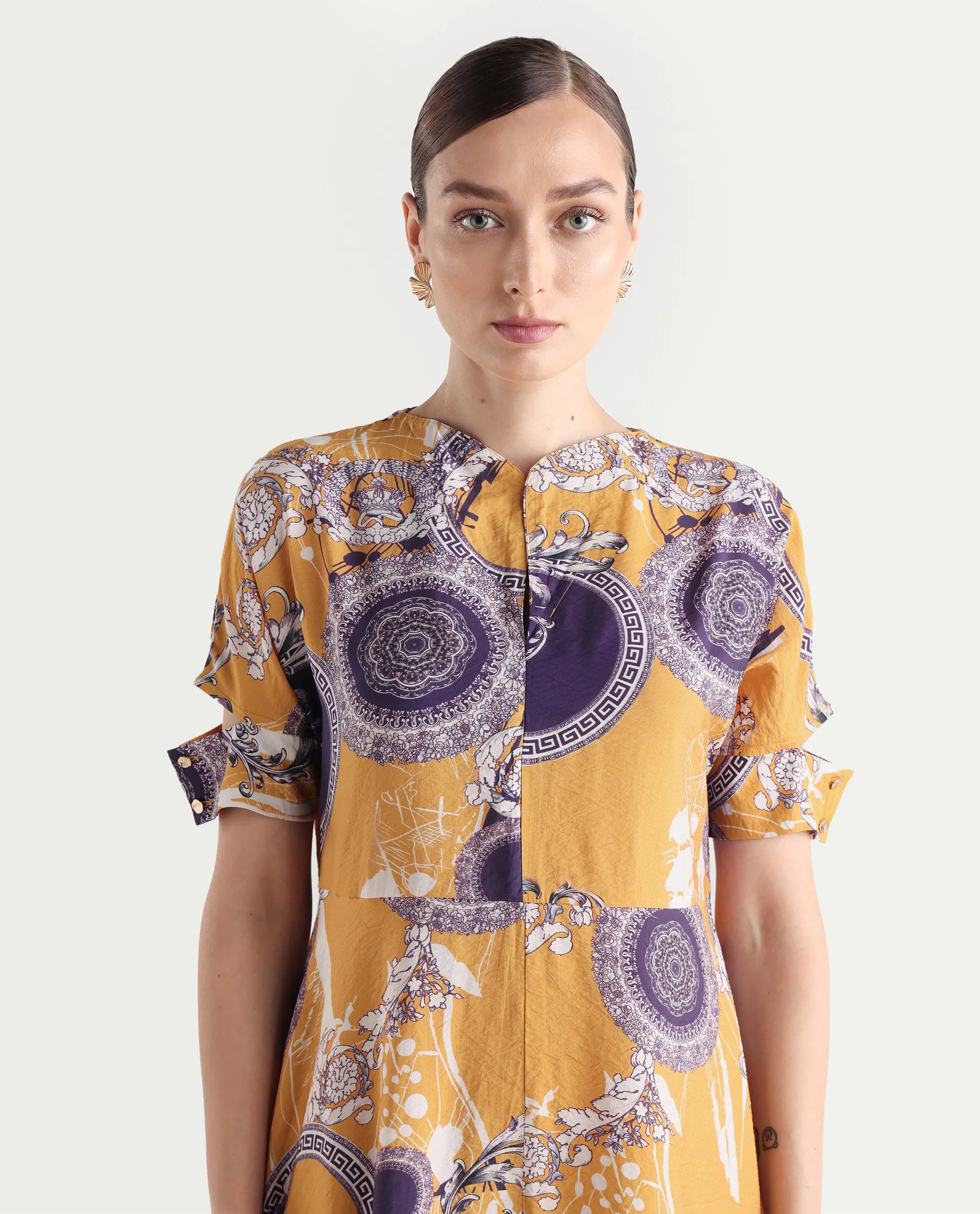 Rareism Women's Artash Yellow Nylon Blend Drop Collar Bandana Print Cutout Sleeve Midi A-Line Dress