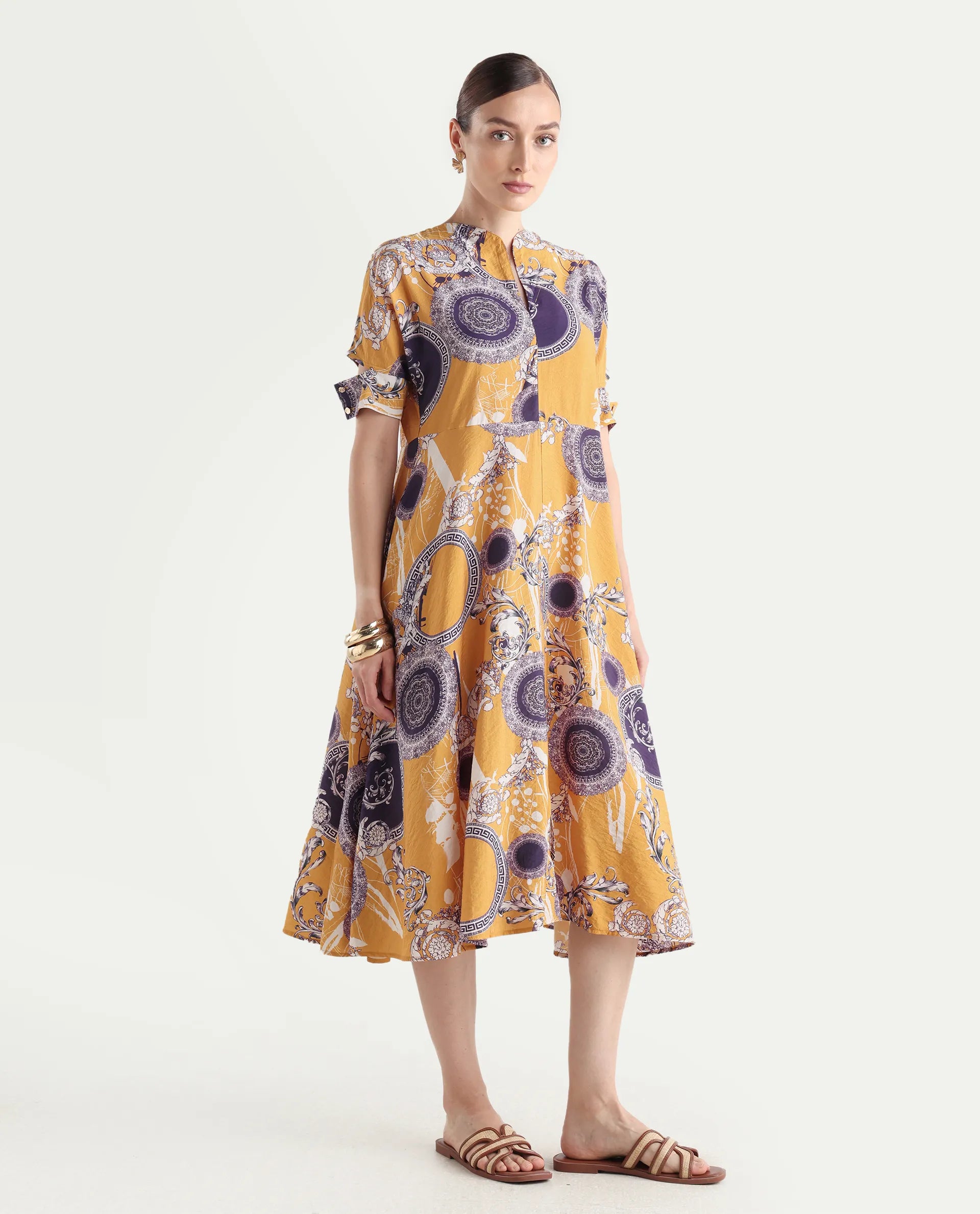 Rareism Women's Artash Yellow Nylon Blend Drop Collar Bandana Print Cutout Sleeve Midi A-Line Dress