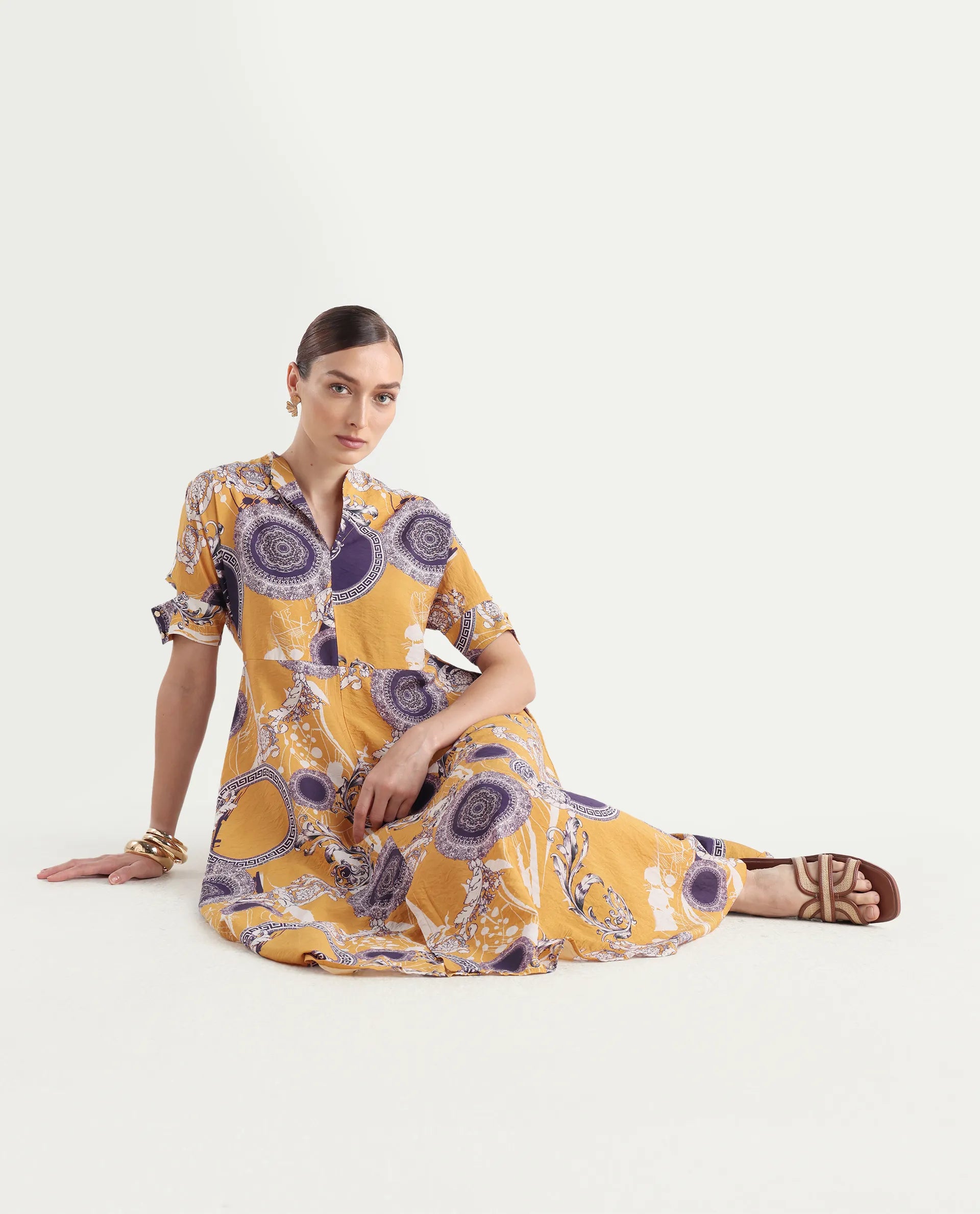 Rareism Women's Artash Yellow Nylon Blend Drop Collar Bandana Print Cutout Sleeve Midi A-Line Dress