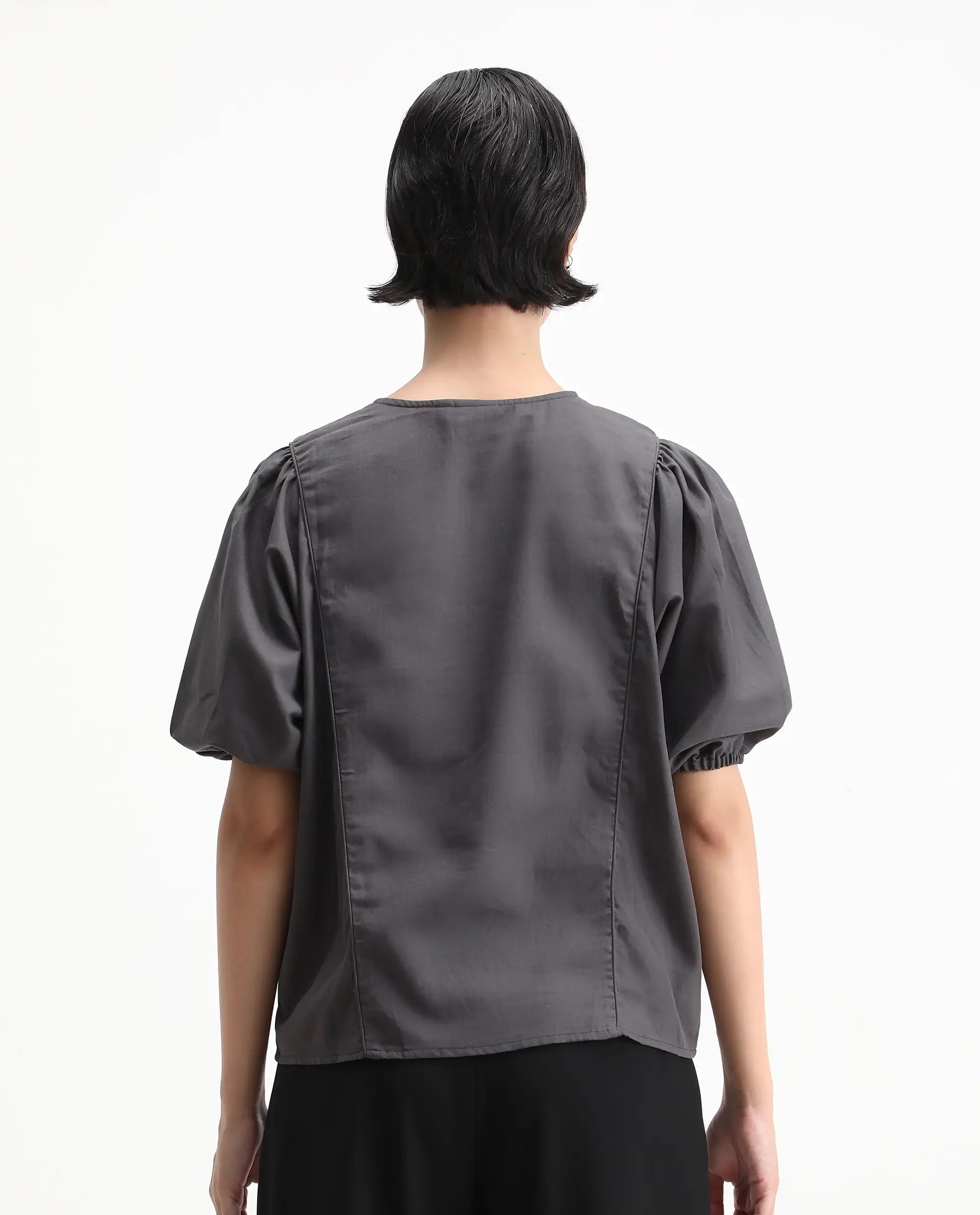 Rareism Women's Artemis Grey Cotton Blend Crew Neck Plain Kimono Sleeve Regular Fit Top