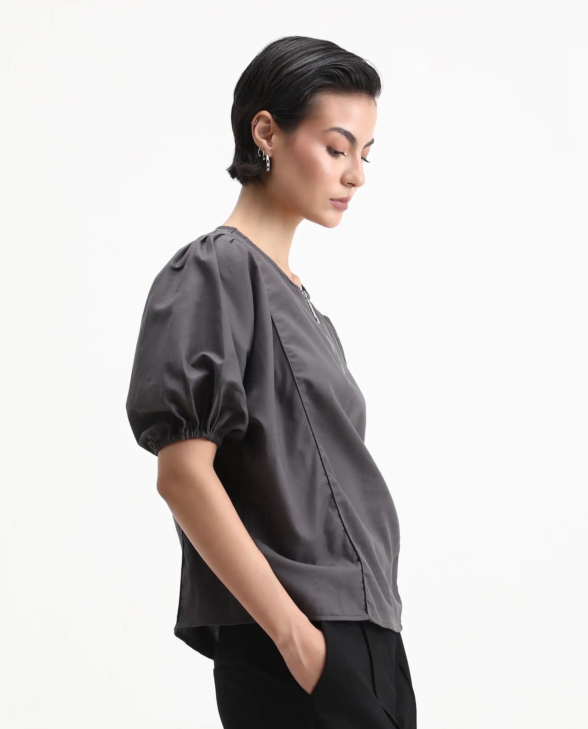 Rareism Women's Artemis Grey Cotton Blend Crew Neck Plain Kimono Sleeve Regular Fit Top