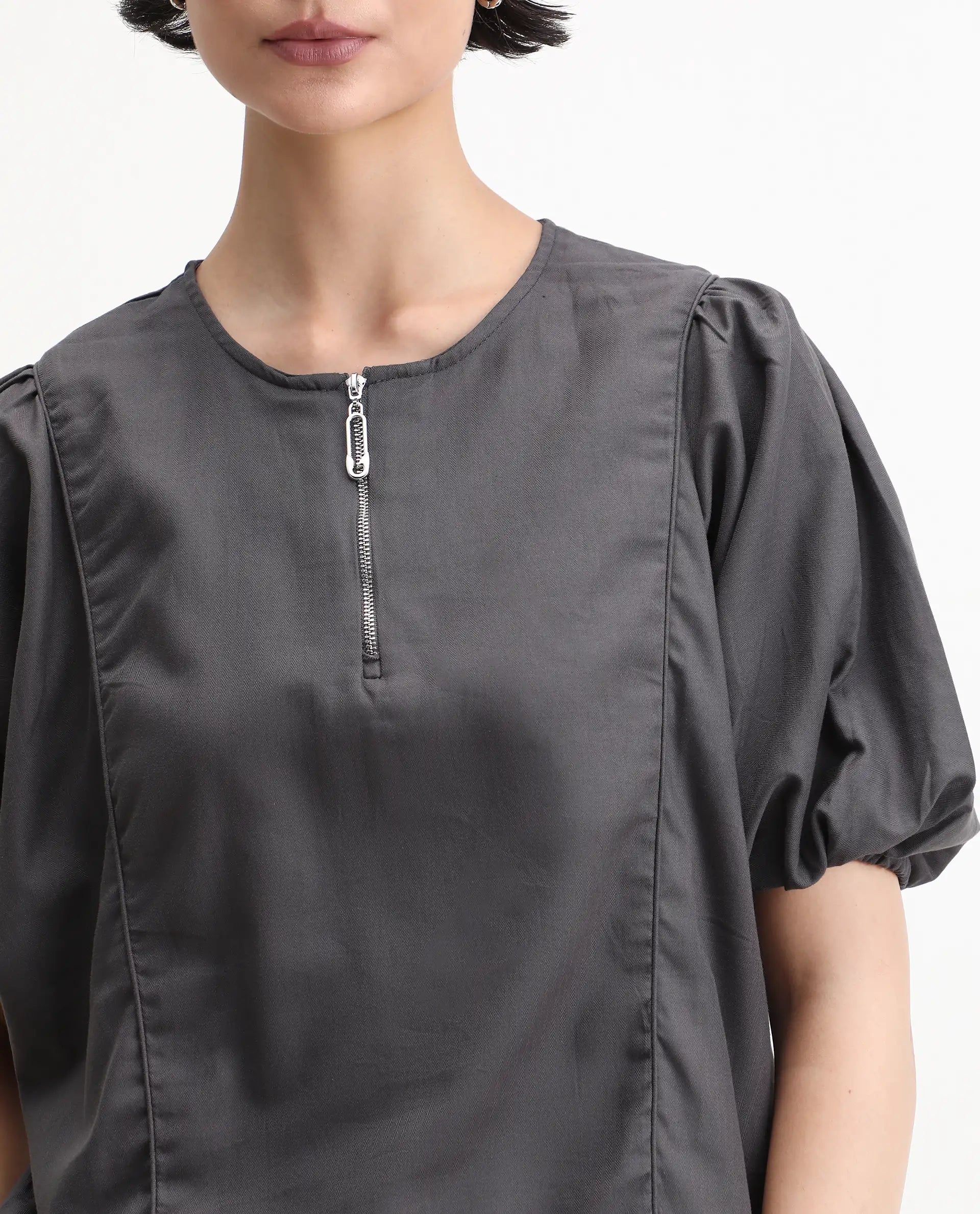 Rareism Women's Artemis Grey Cotton Blend Crew Neck Plain Kimono Sleeve Regular Fit Top