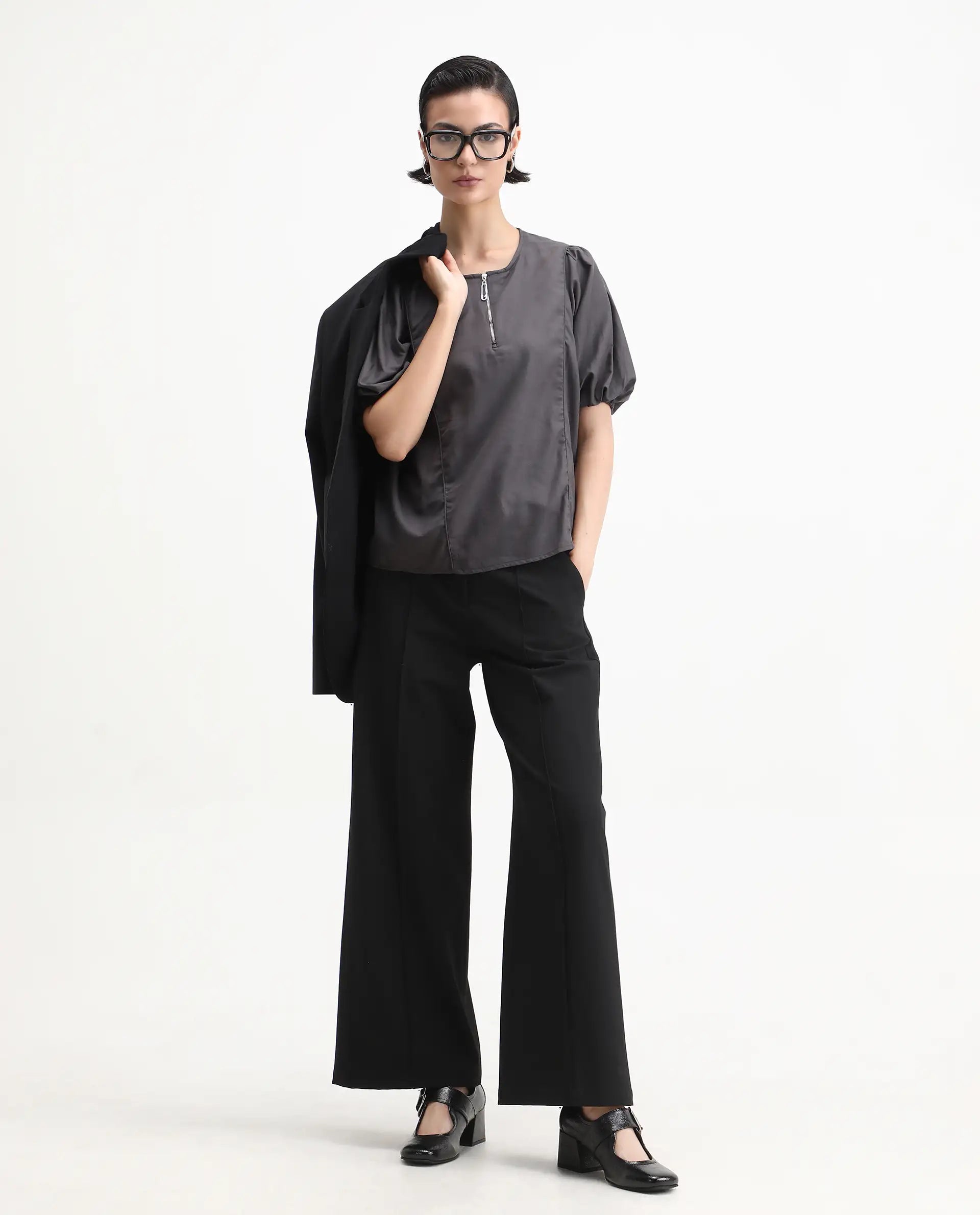 Rareism Women's Artemis Grey Cotton Blend Crew Neck Plain Kimono Sleeve Regular Fit Top