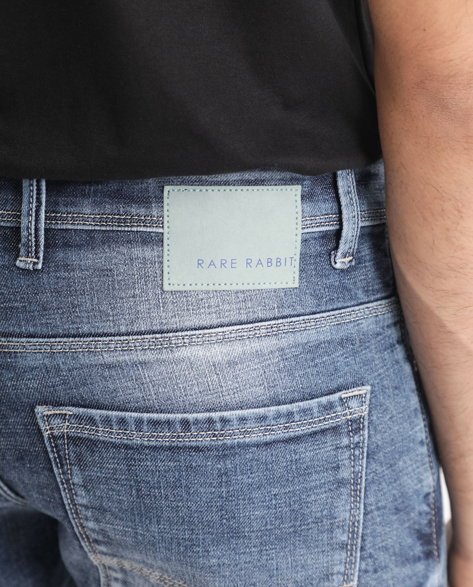 Rare Rabbit Men's Arten Blue Mid Wash Mid-Rise Cross Hatch Slim Fit Jeans