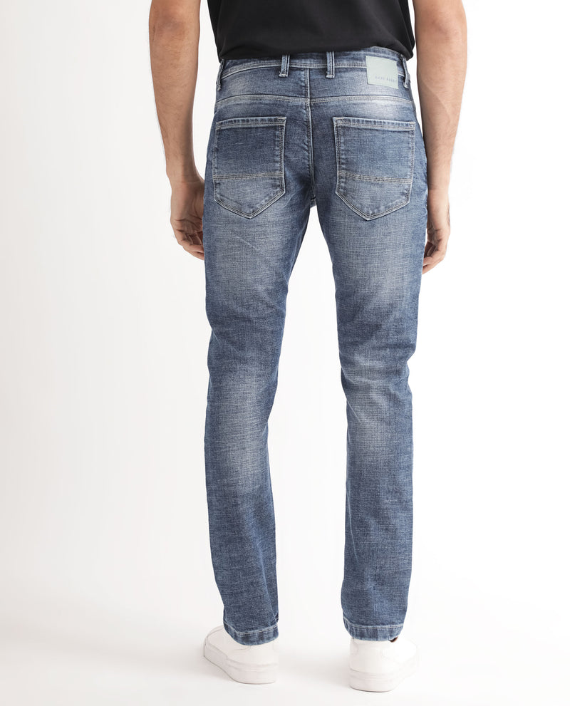 Rare Rabbit Men's Arten Blue Mid Wash Mid-Rise Cross Hatch Slim Fit Jeans