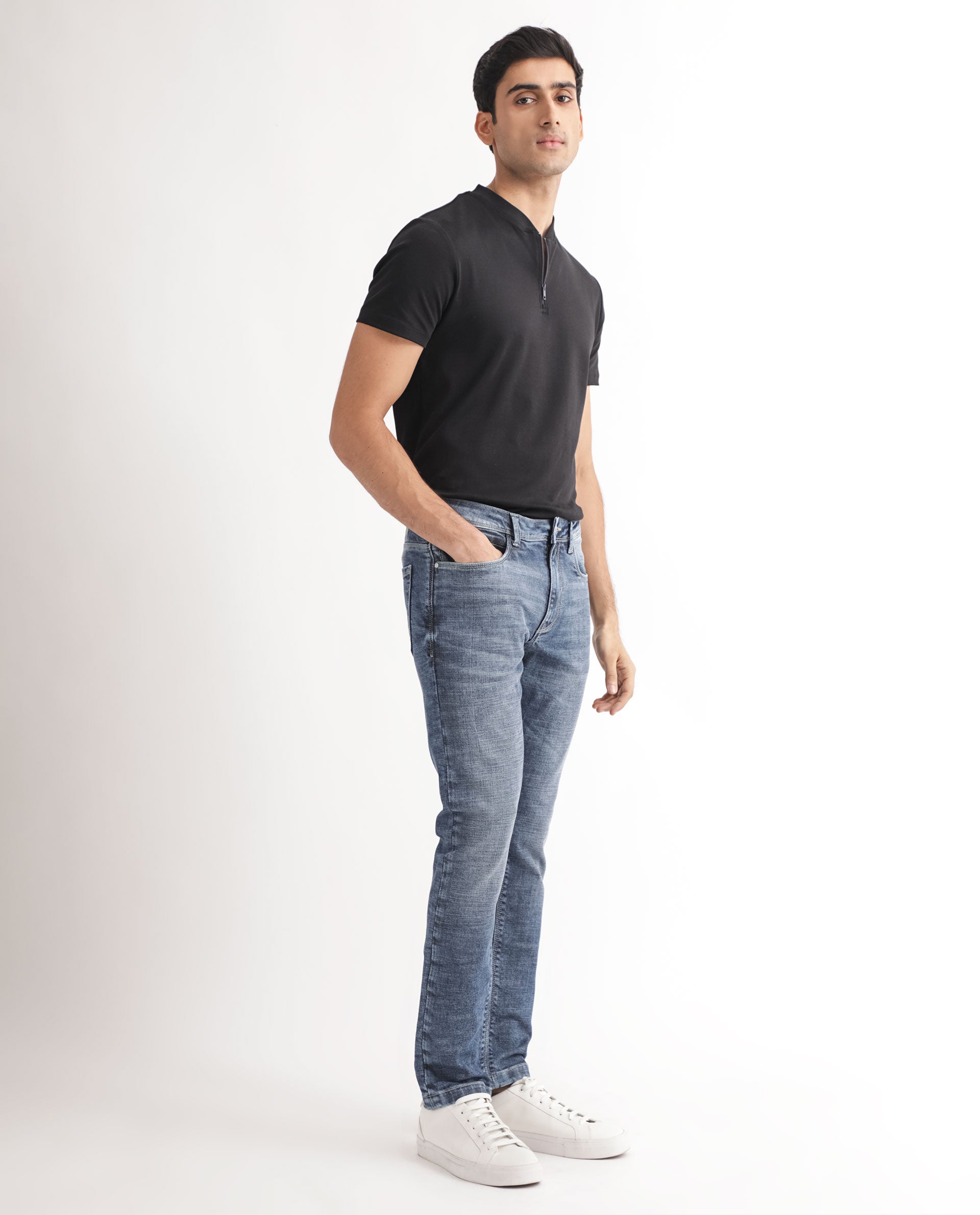 Rare Rabbit Men's Arten Blue Mid Wash Mid-Rise Cross Hatch Slim Fit Jeans