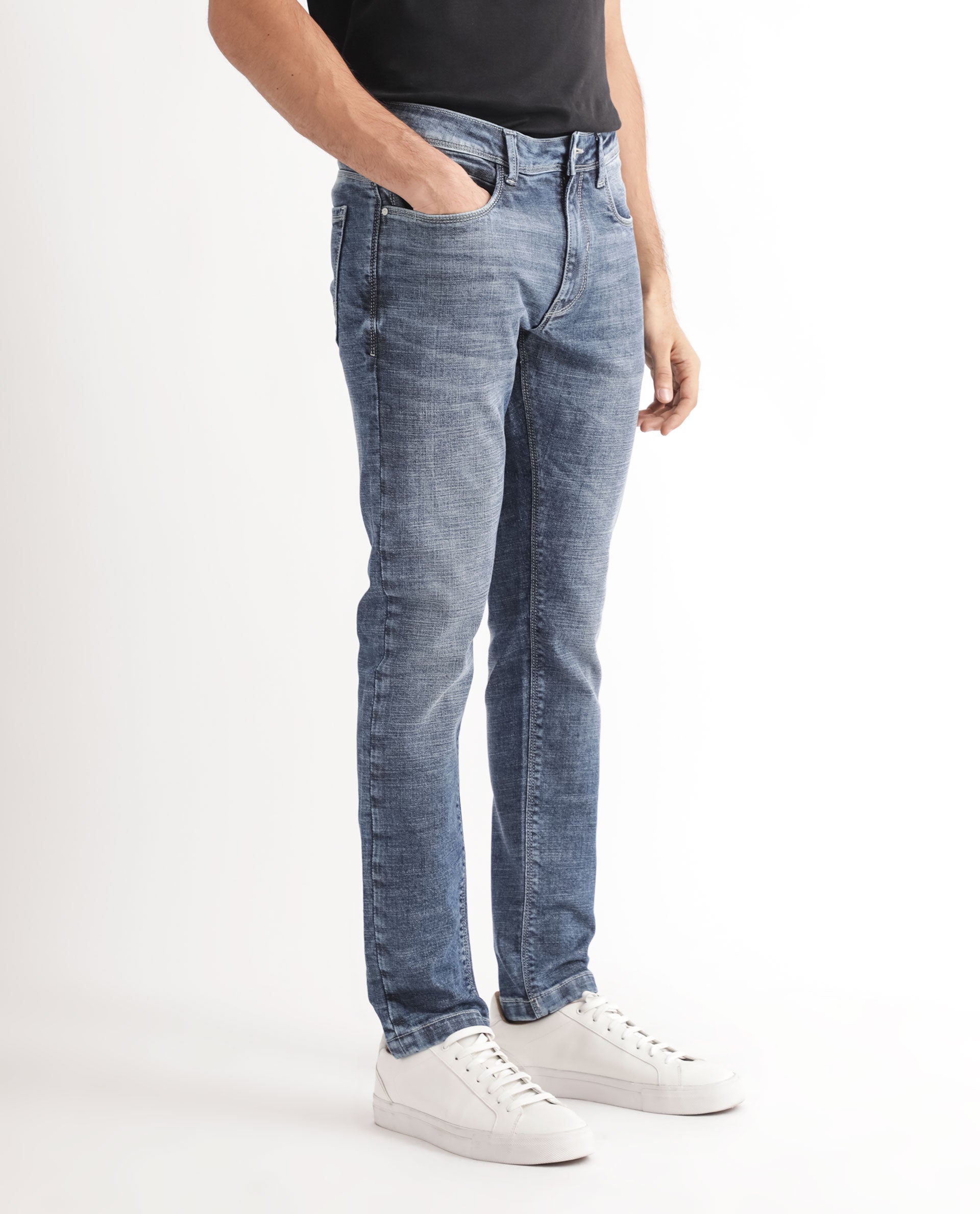 Rare Rabbit Men's Arten Blue Mid Wash Mid-Rise Cross Hatch Slim Fit Jeans