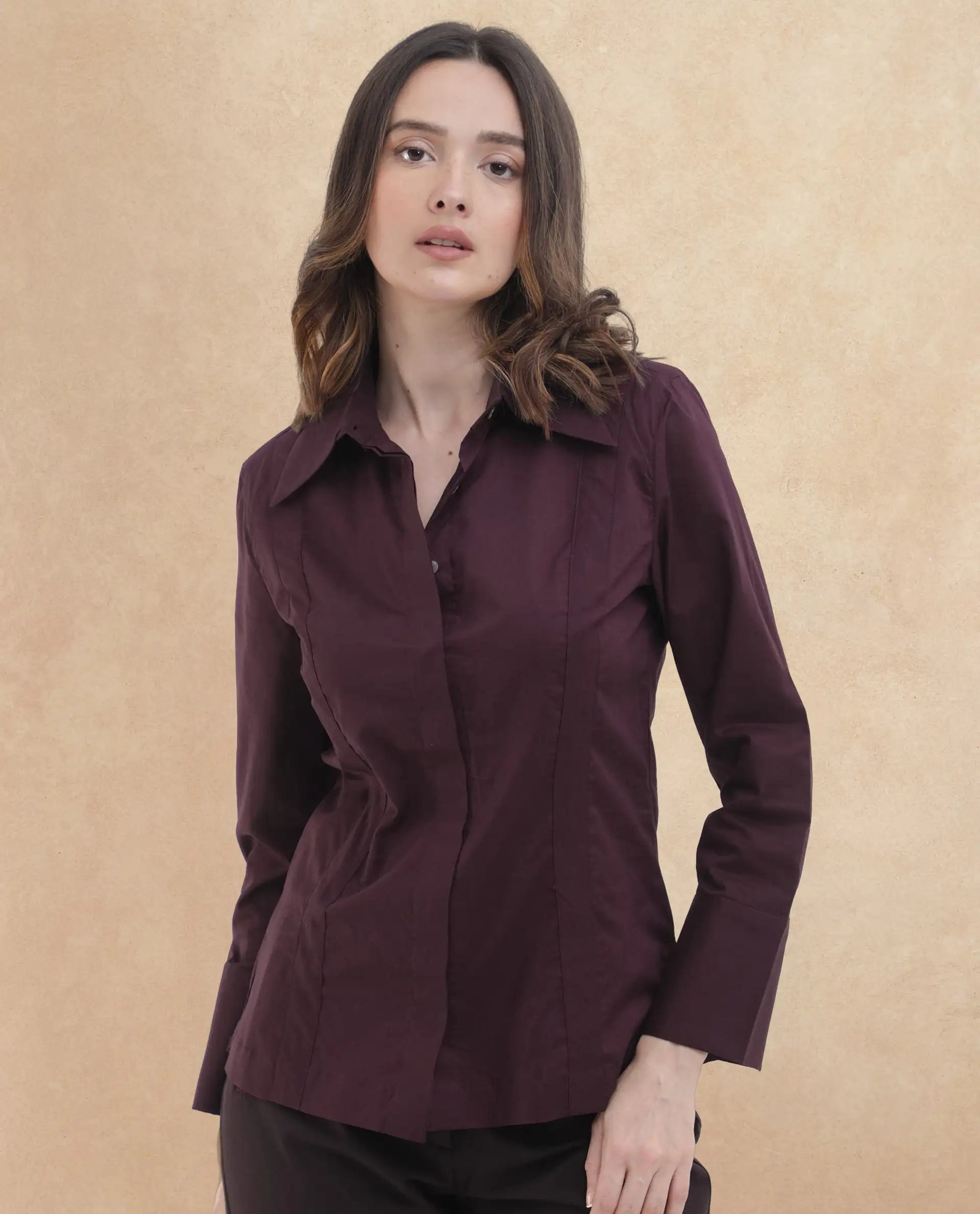 Rareism Women's Arthur Dark Purple Cotton Drop Collar Plain Cuffed Sleeve Regular Fit Shirt