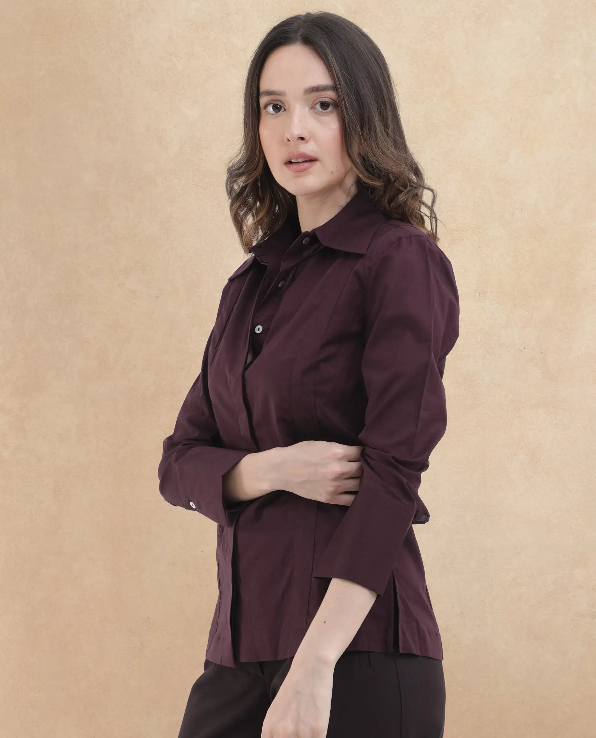 Rareism Women's Arthur Dark Purple Cotton Drop Collar Plain Cuffed Sleeve Regular Fit Shirt