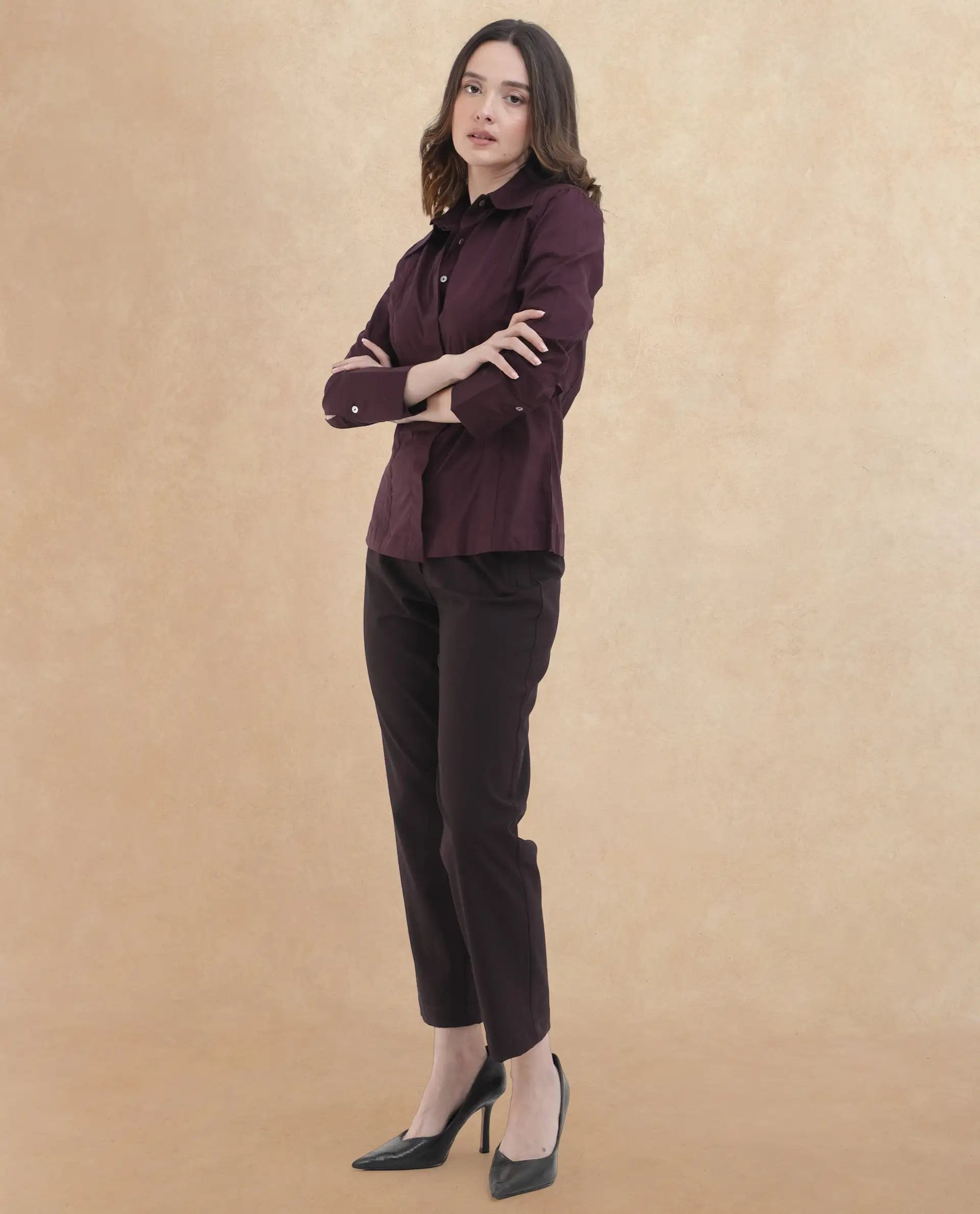 Rareism Women's Arthur Dark Purple Cotton Drop Collar Plain Cuffed Sleeve Regular Fit Shirt