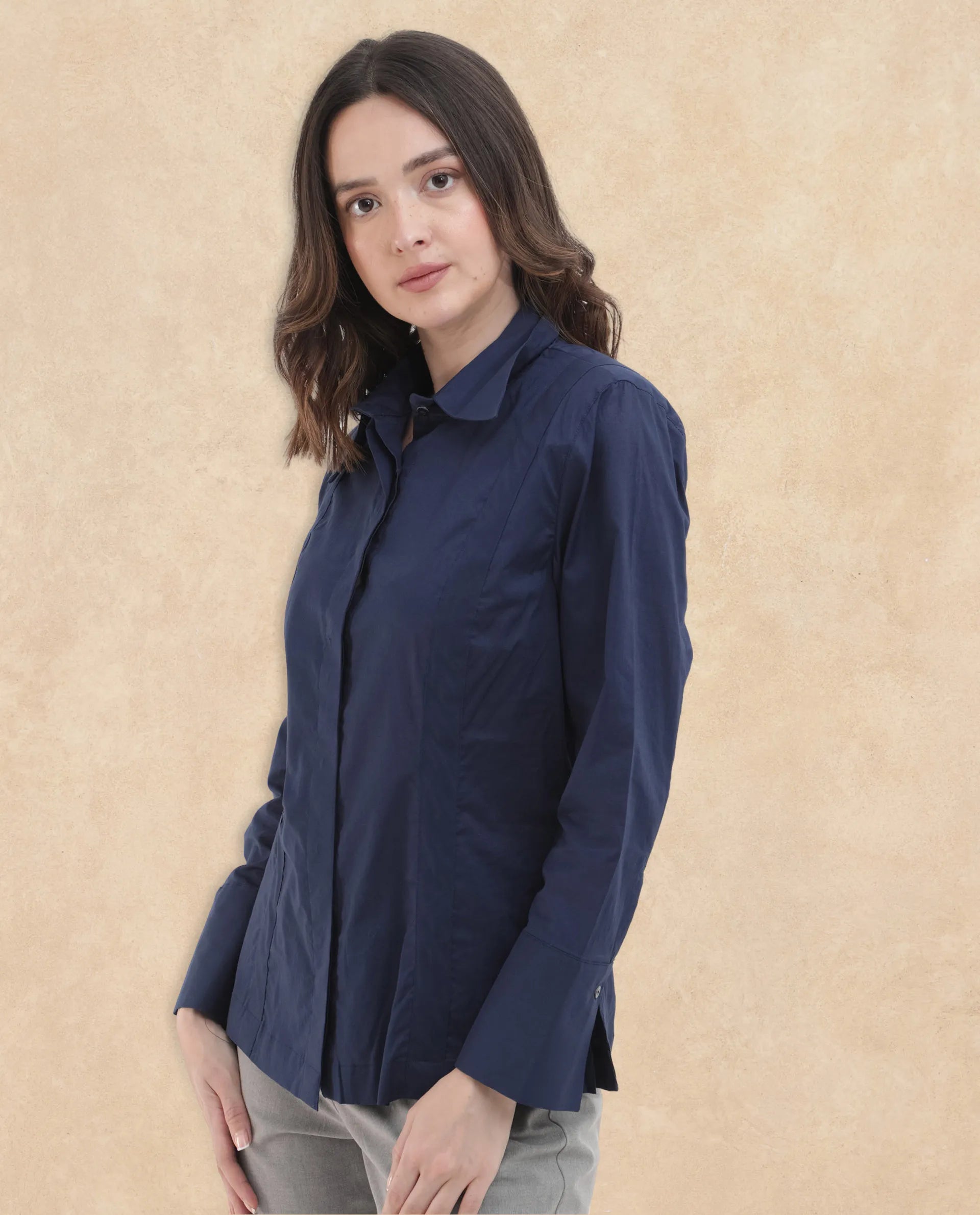 Rareism Women Arthur Navy Cotton Fabric Full Sleeves Button Closure Shirt Collar Cuffed Sleeve Regular Fit Plain Shirt