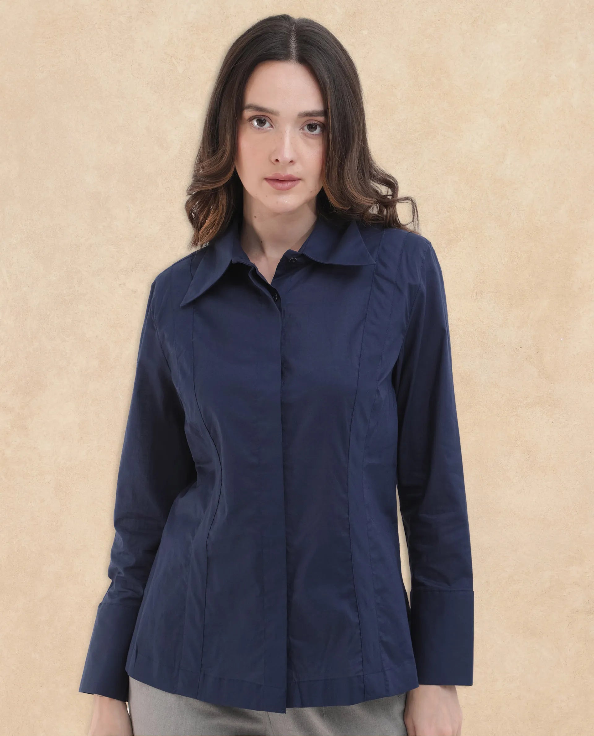 Rareism Women Arthur Navy Cotton Fabric Full Sleeves Button Closure Shirt Collar Cuffed Sleeve Regular Fit Plain Shirt