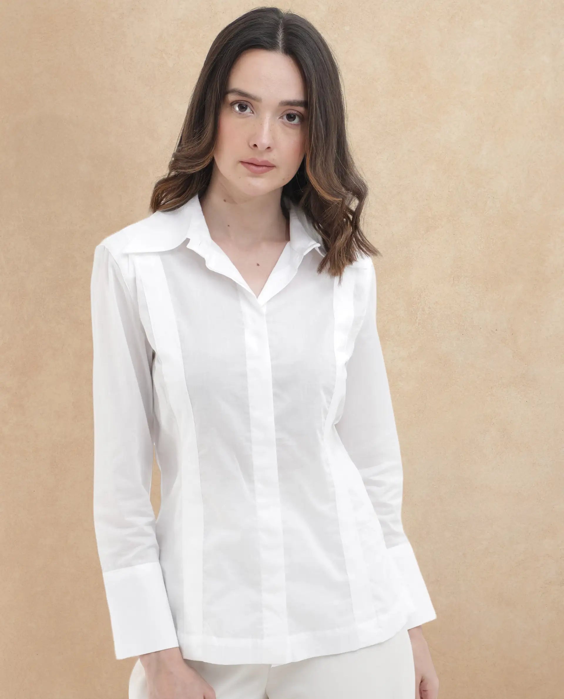 Rareism Women's Arthur White Cotton Drop Collar Plain Cuffed Sleeve Regular Fit Shirt