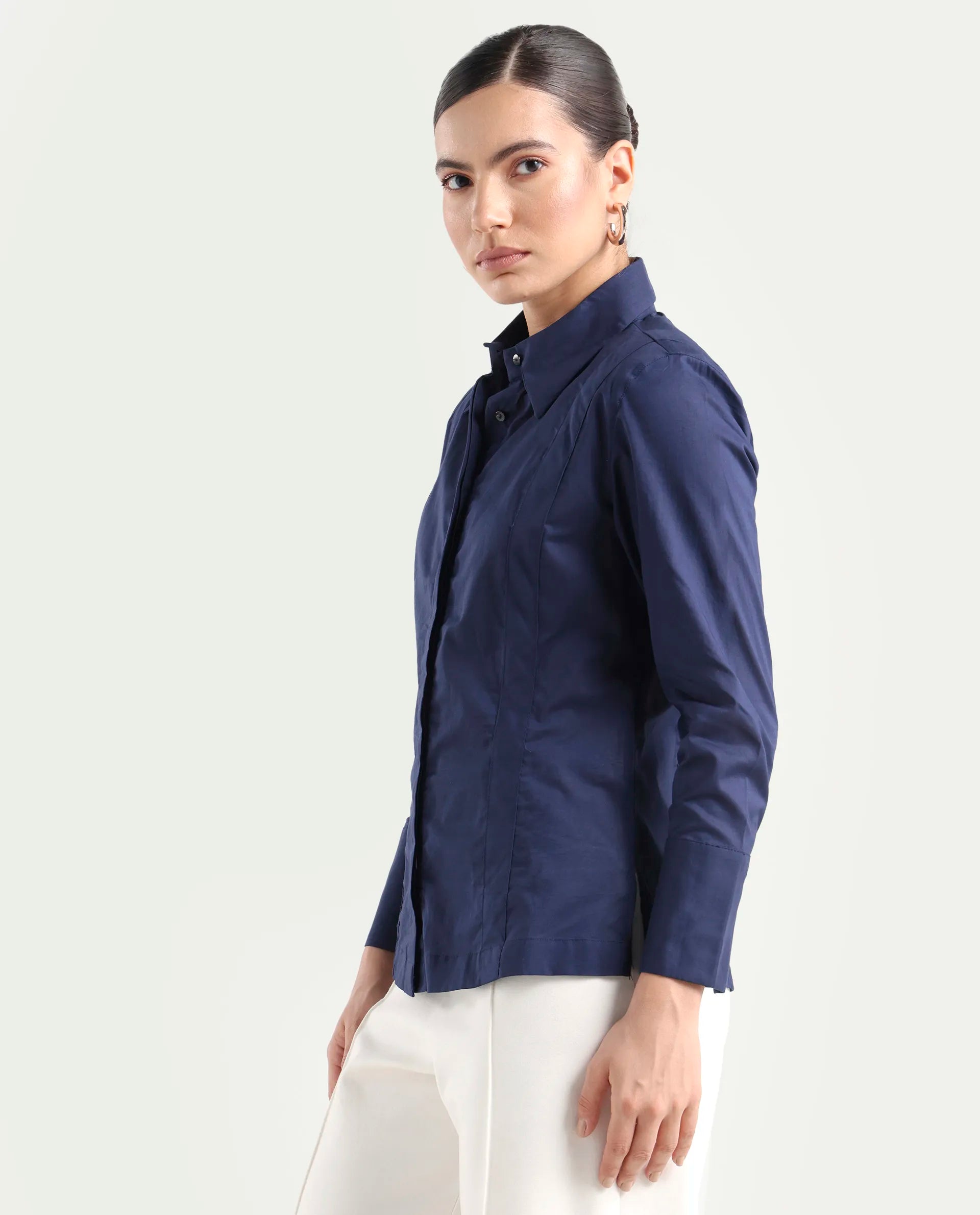 Rareism Women's Arthur Navy Cotton Drop Collar Plain Cuffed Sleeve Regular Fit Shirt