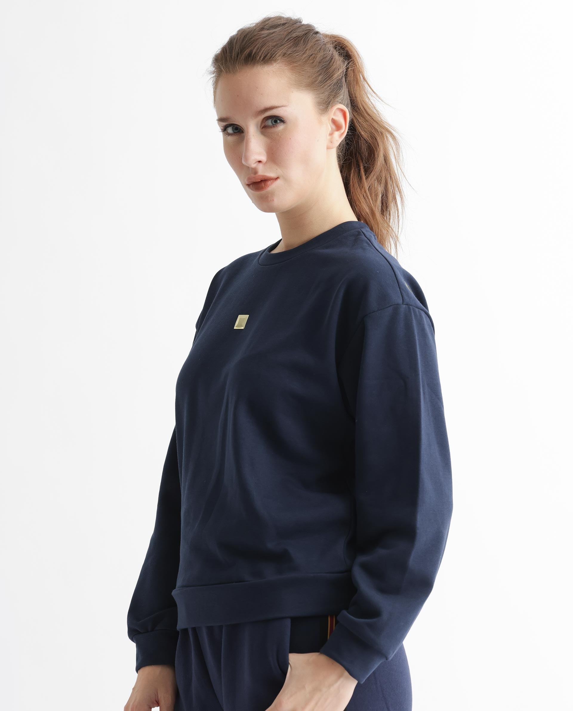 Rareism Articale Women Aimee Navy Poly Cotton Fabric Full Sleeves Crew Neck Boxy Fit Plain Sweatshirt