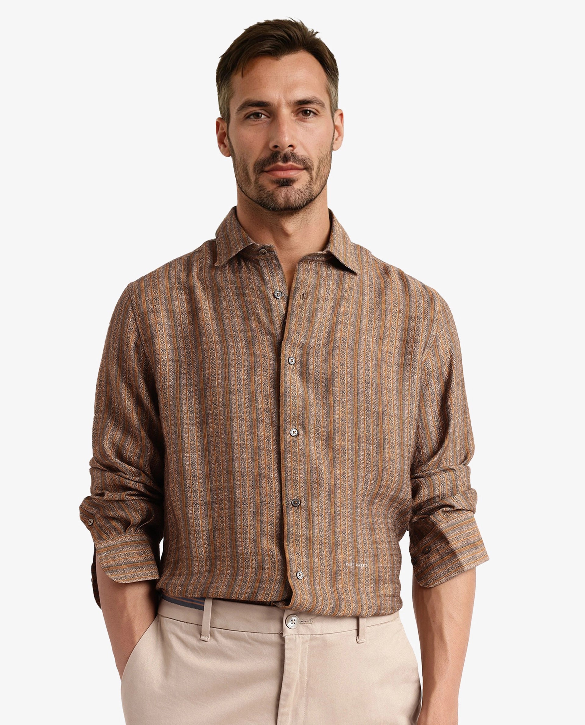 Rare Rabbit Men Artico Mustard Full Sleeve Regular Fit Decorative Print Shirt