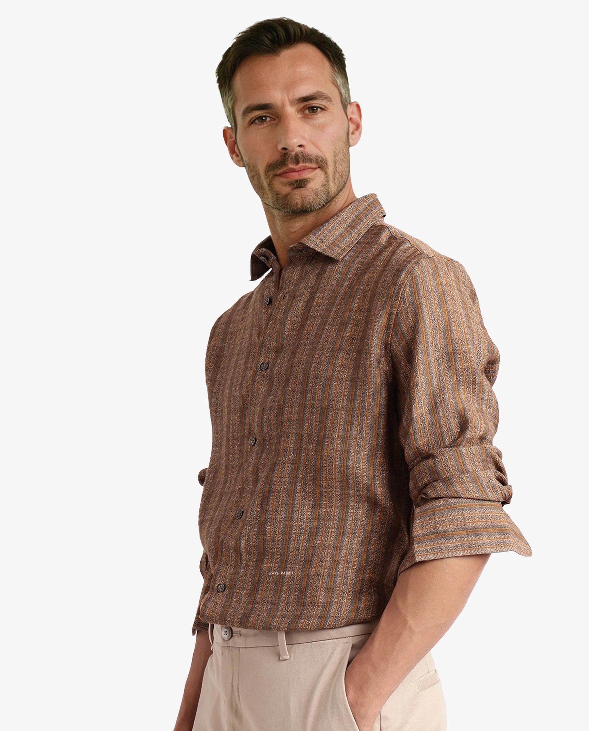 Rare Rabbit Men Artico Mustard Full Sleeve Regular Fit Decorative Print Shirt