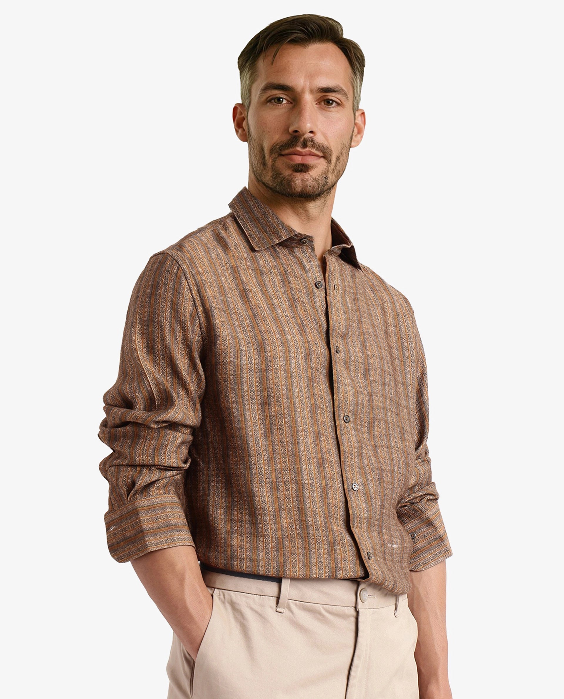 Rare Rabbit Men Artico Mustard Full Sleeve Regular Fit Decorative Print Shirt