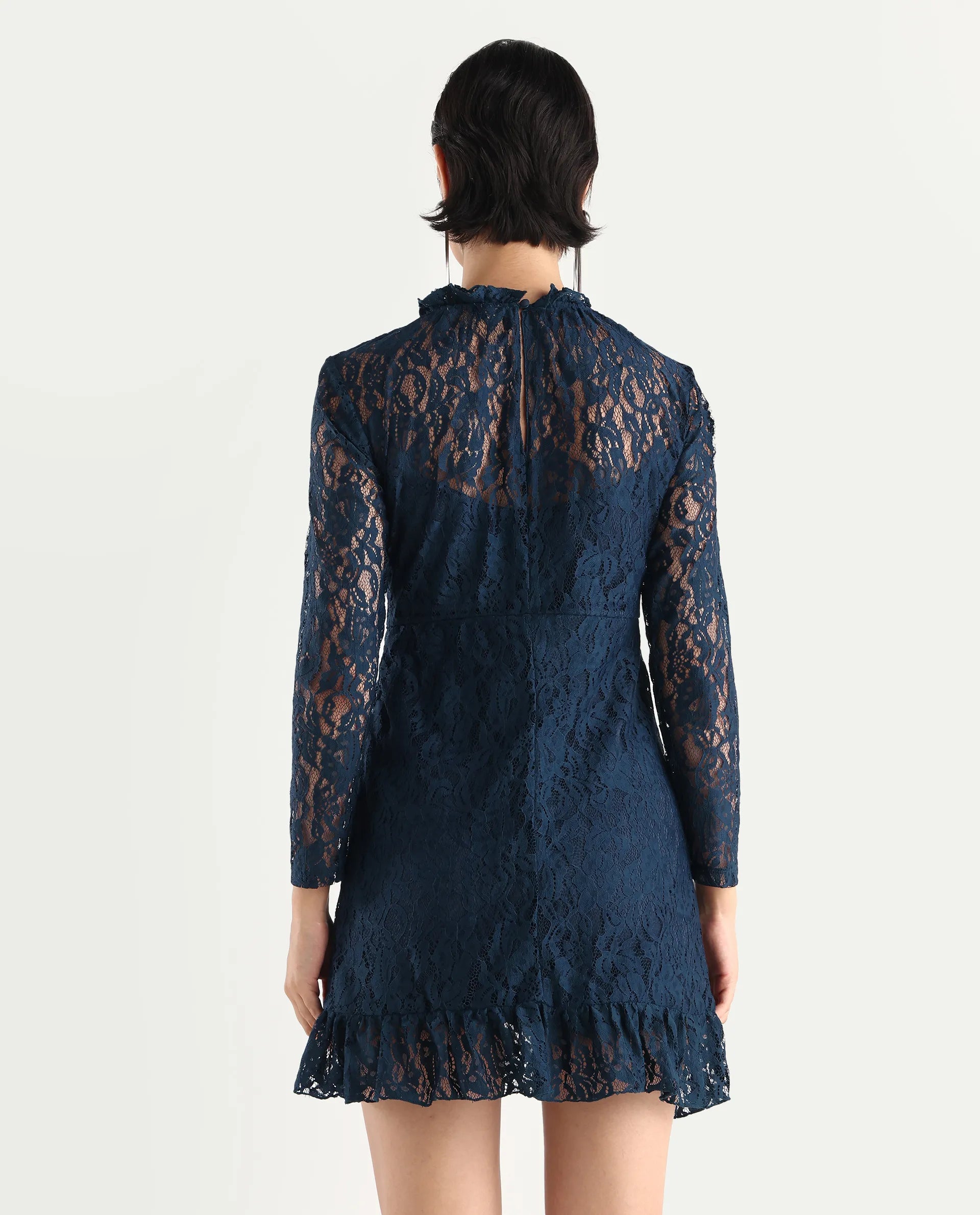 Rareism Women's Artvin Petrol Polyester Sweetheart Neck Plain Knee Length Fitted Dress