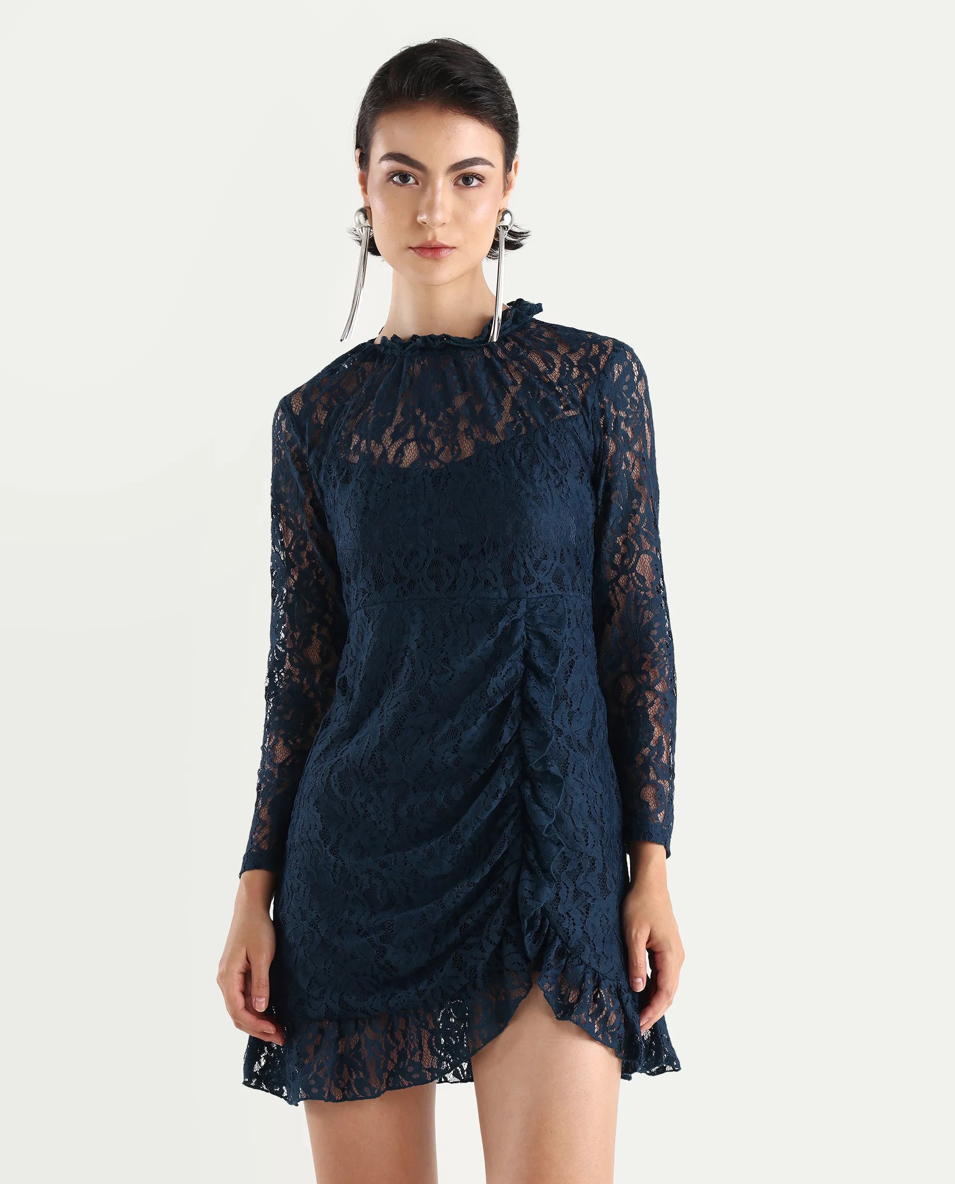 Rareism Women's Artvin Petrol Polyester Sweetheart Neck Plain Knee Length Fitted Dress