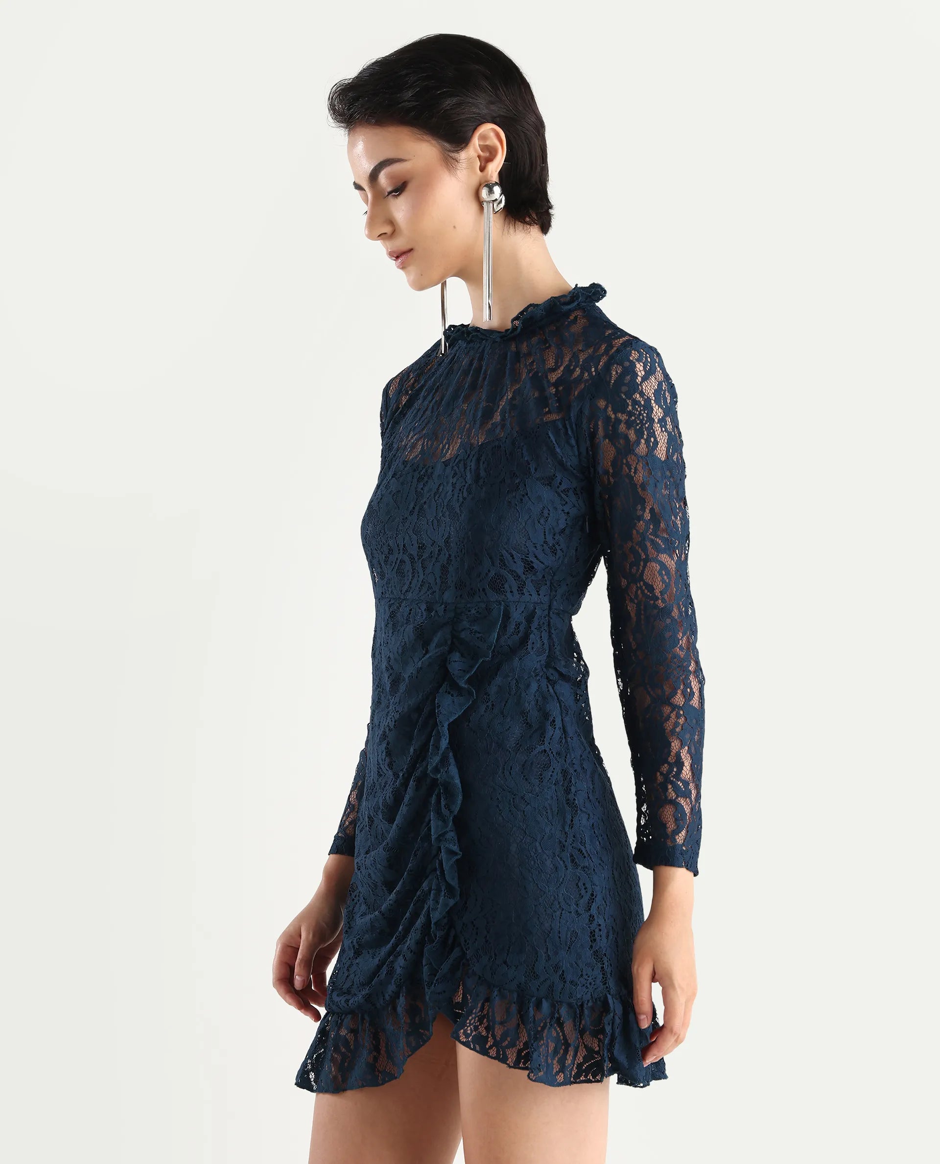 Rareism Women's Artvin Petrol Polyester Sweetheart Neck Plain Knee Length Fitted Dress