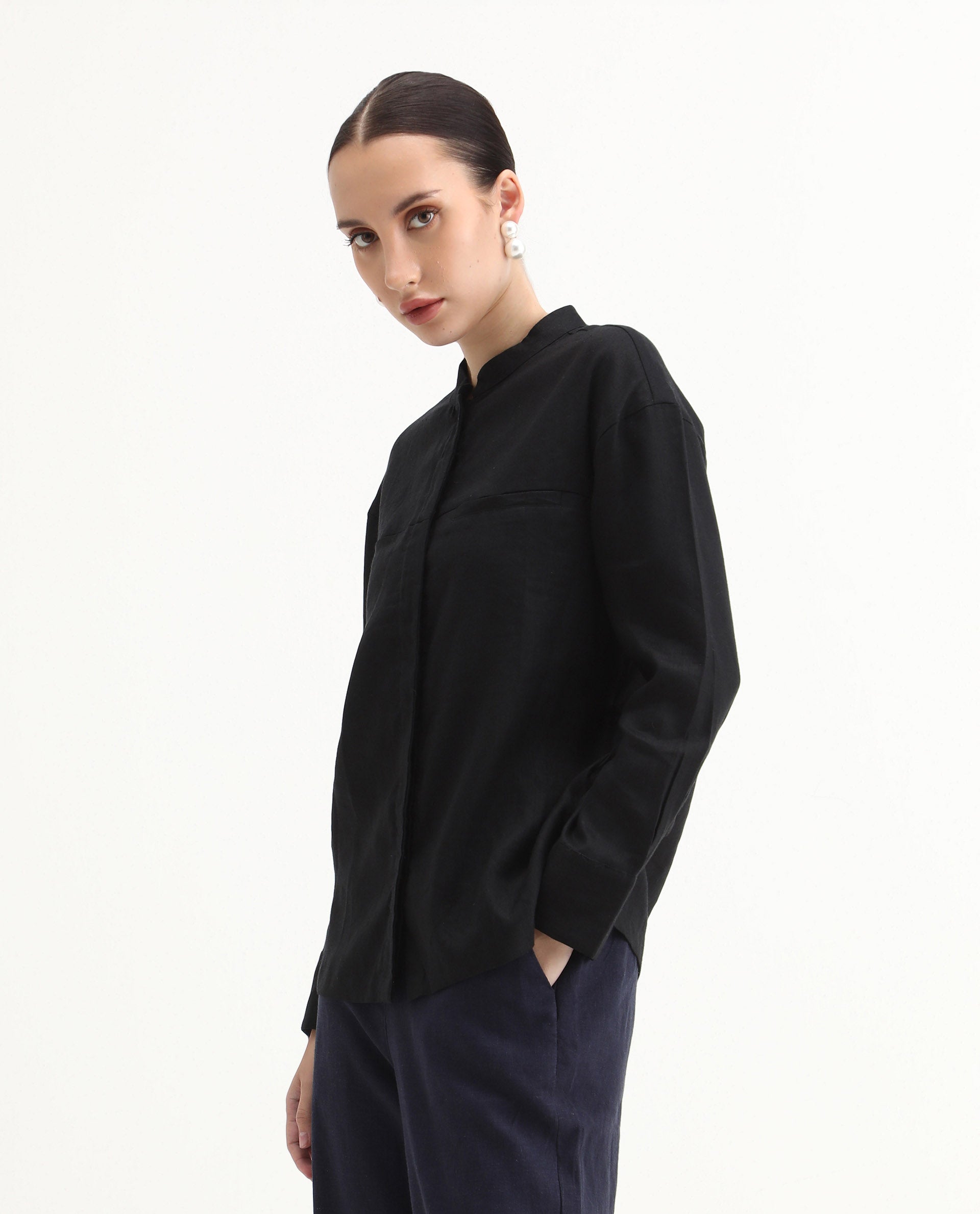 Rareism Women's Aruba Black Cotton Linen Drop Collar Plain Cuffed Sleeve Regular Fit Shirt