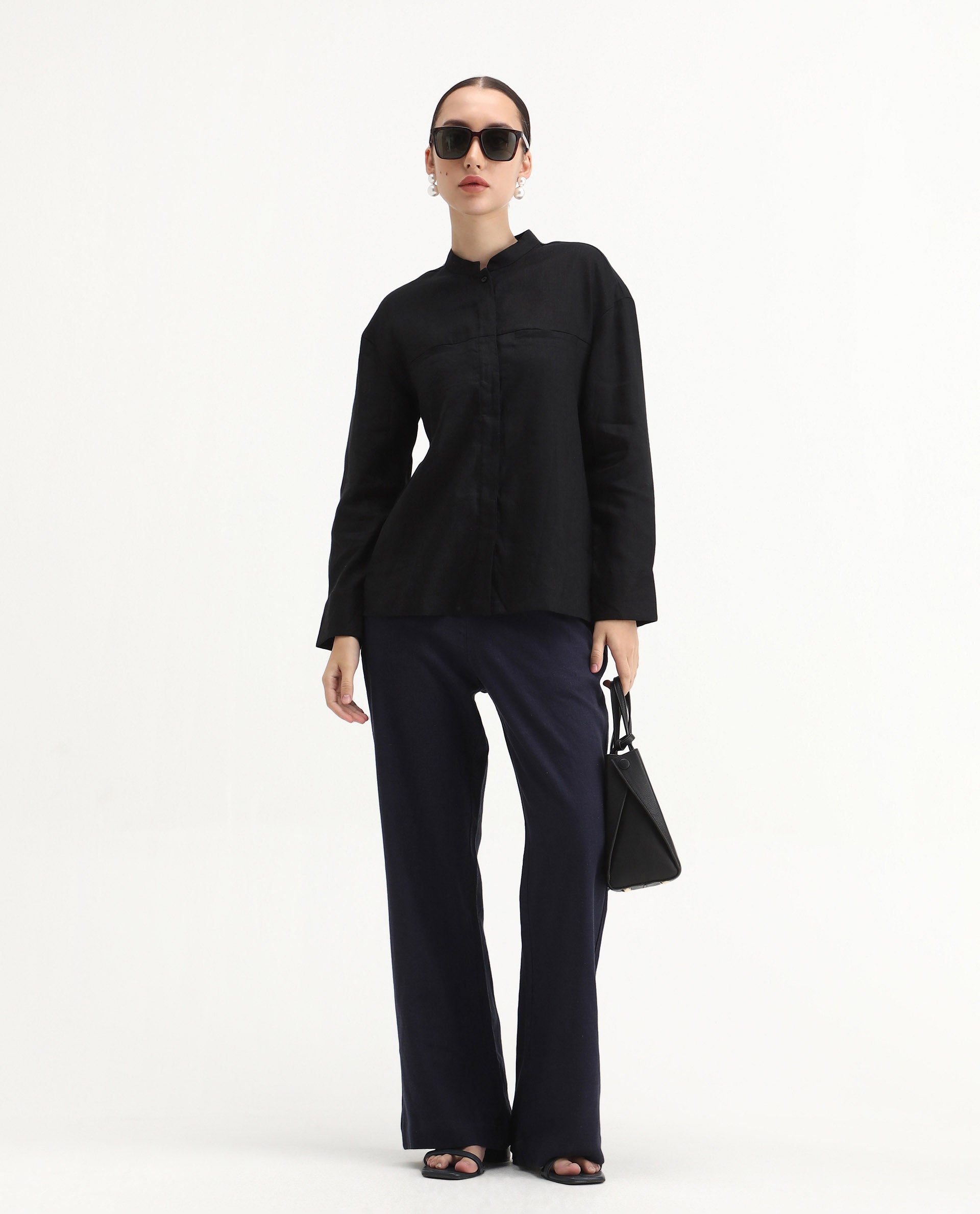 Rareism Women's Aruba Black Cotton Linen Drop Collar Plain Cuffed Sleeve Regular Fit Shirt