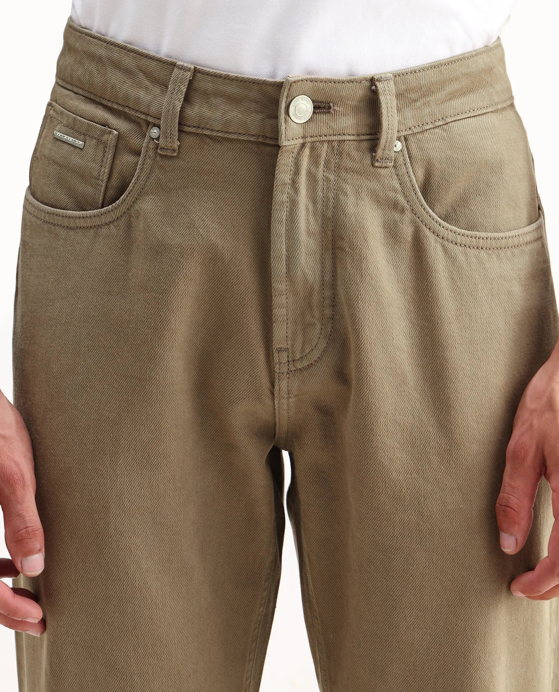 Rare Rabbit Men's Arvi-2 Olive Cotton Blend Plain Dond Carrot Fit Jeans