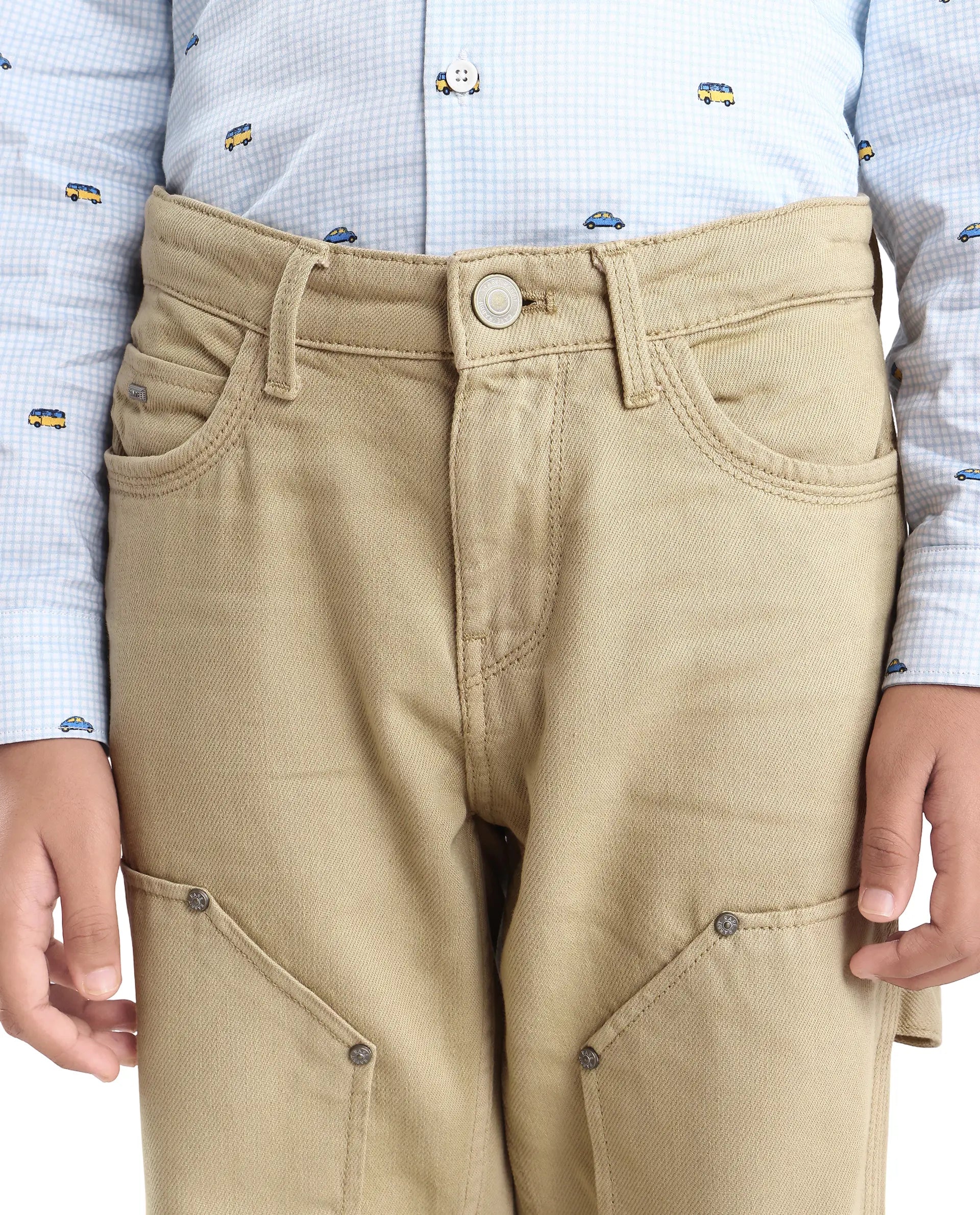 Rare Ones Kids Arvi-K Beige Cotton Button And Zip Carpenter Fit Denim Pant