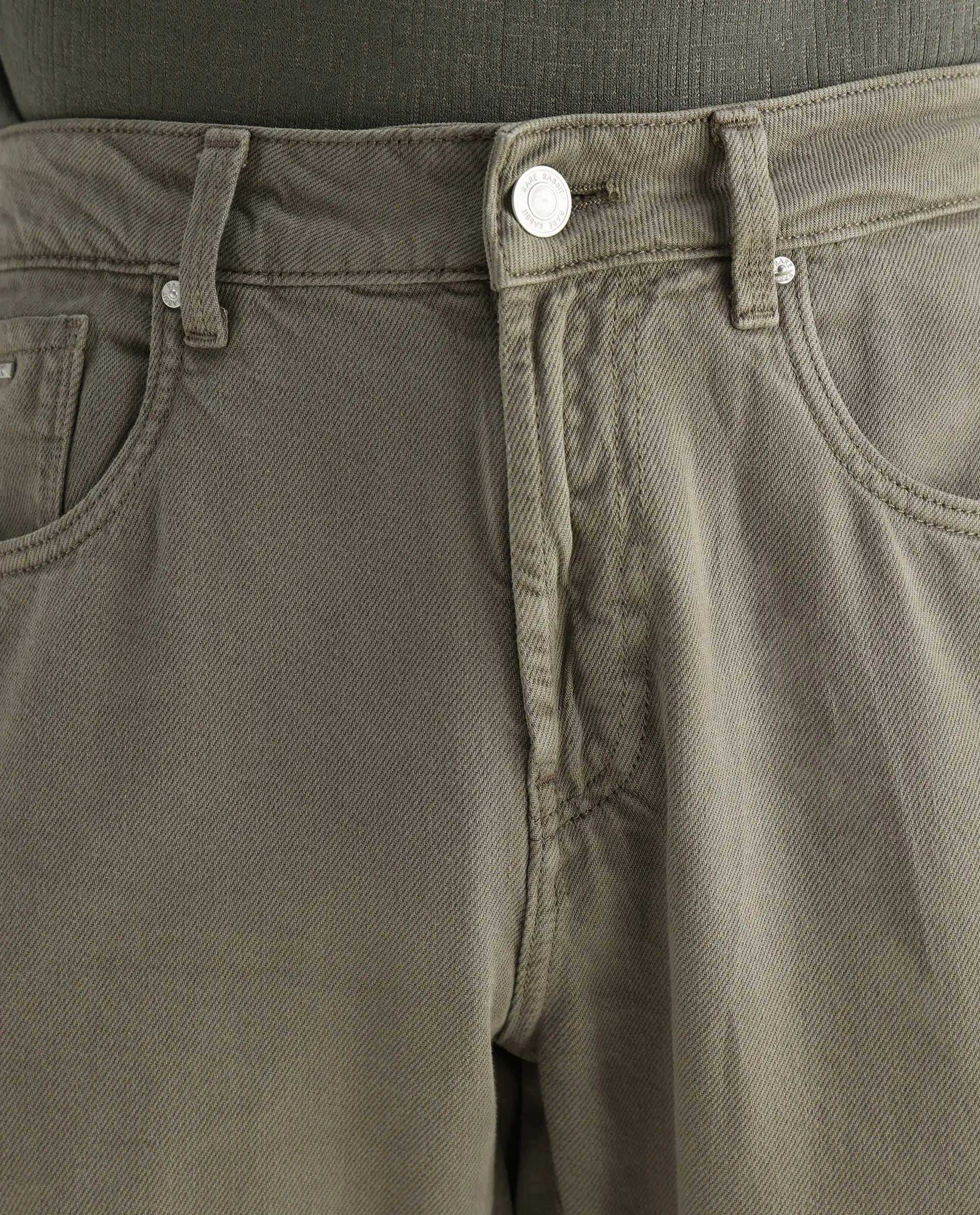 Rare Rabbit Men's Arvi Green Cotton Plain Dond Carrot Fit Jeans