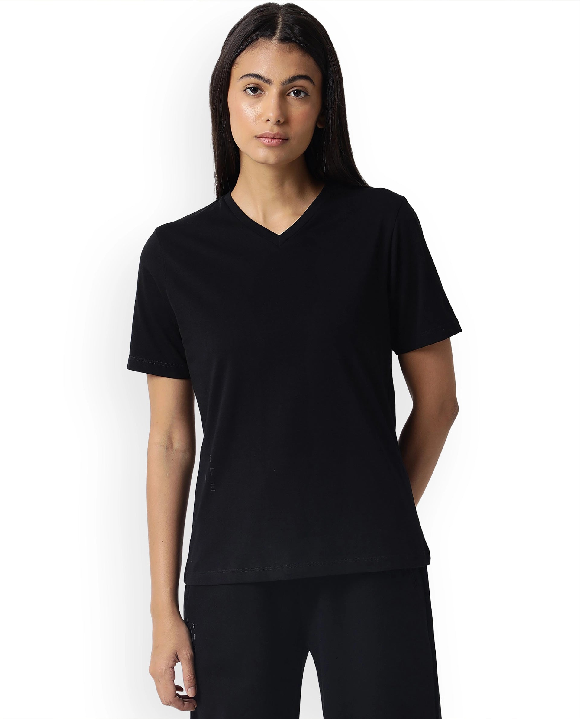 Rareism Women Arvi Black Cotton Blend Fabric Regular Fit Half Sleeves Solid V-Neck T-Shirt